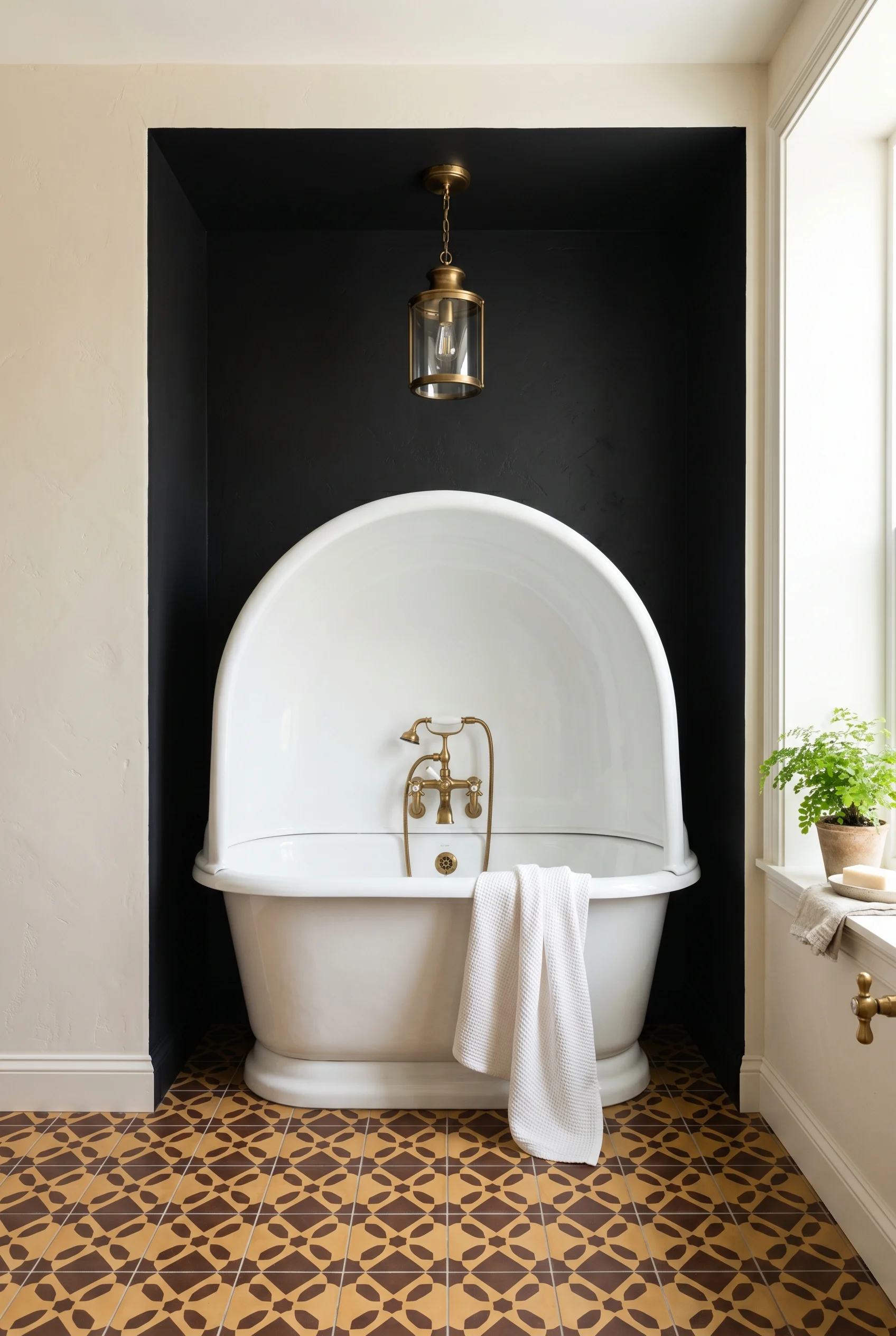Victorian Bathroom design scene against Pitch Black on the bath alcove wall only, Slipper Satin on flanking walls. Contrast is the composition. walls