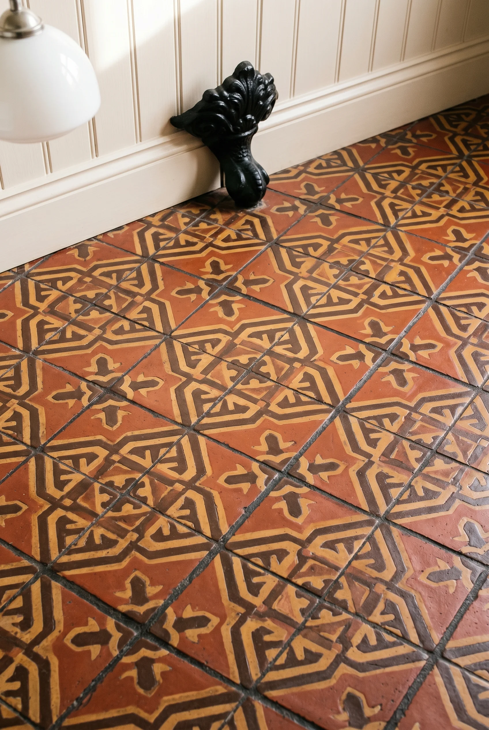 Victorian Bathroom design scene against Pointing on lower panelling visible at frame edges — a pale warm white that makes the terracotta floor tiles p