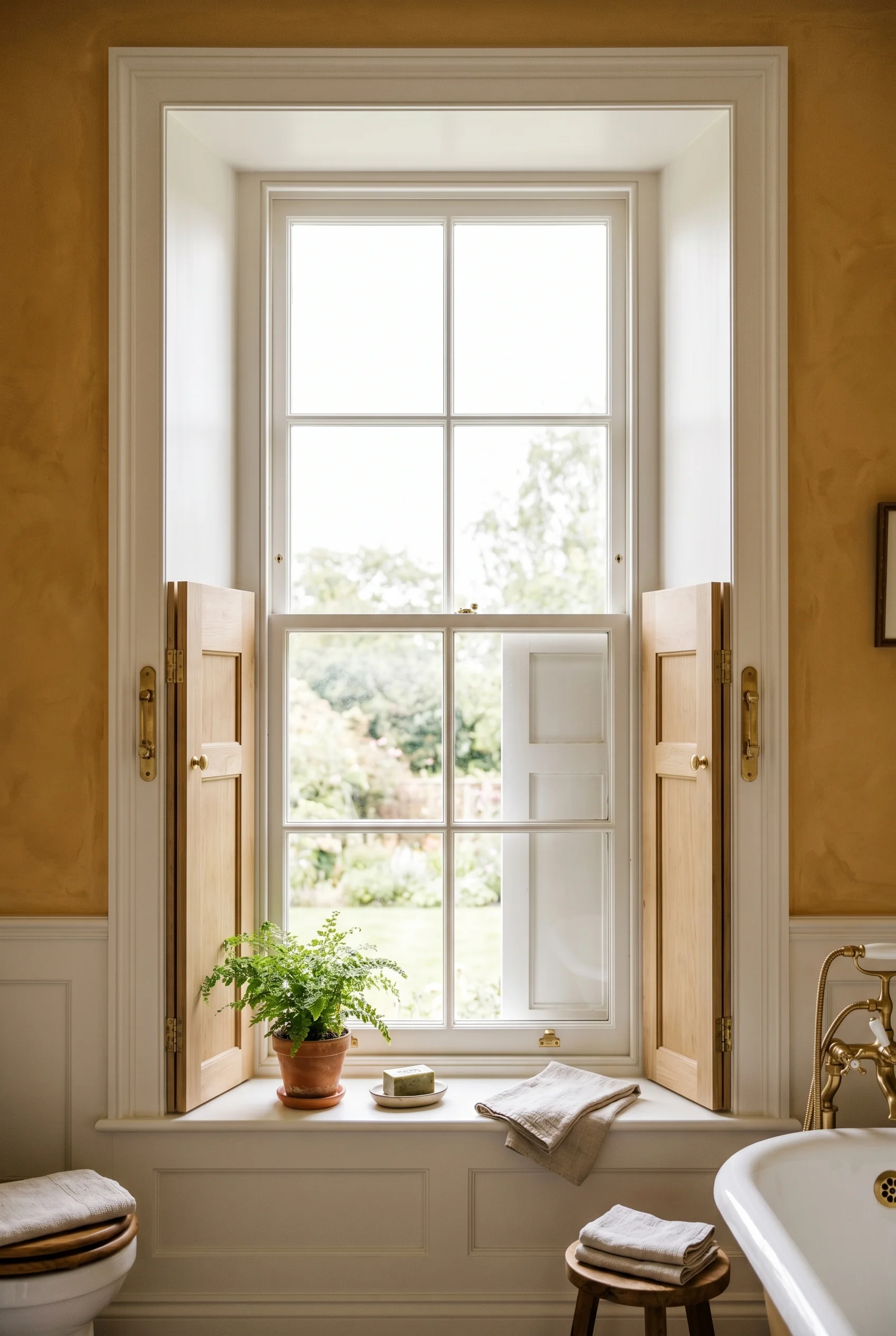 Victorian Bathroom design scene against Print Room Yellow on flanking walls above dado. The warm amber-gold pairs with the pale wood shutters. walls
