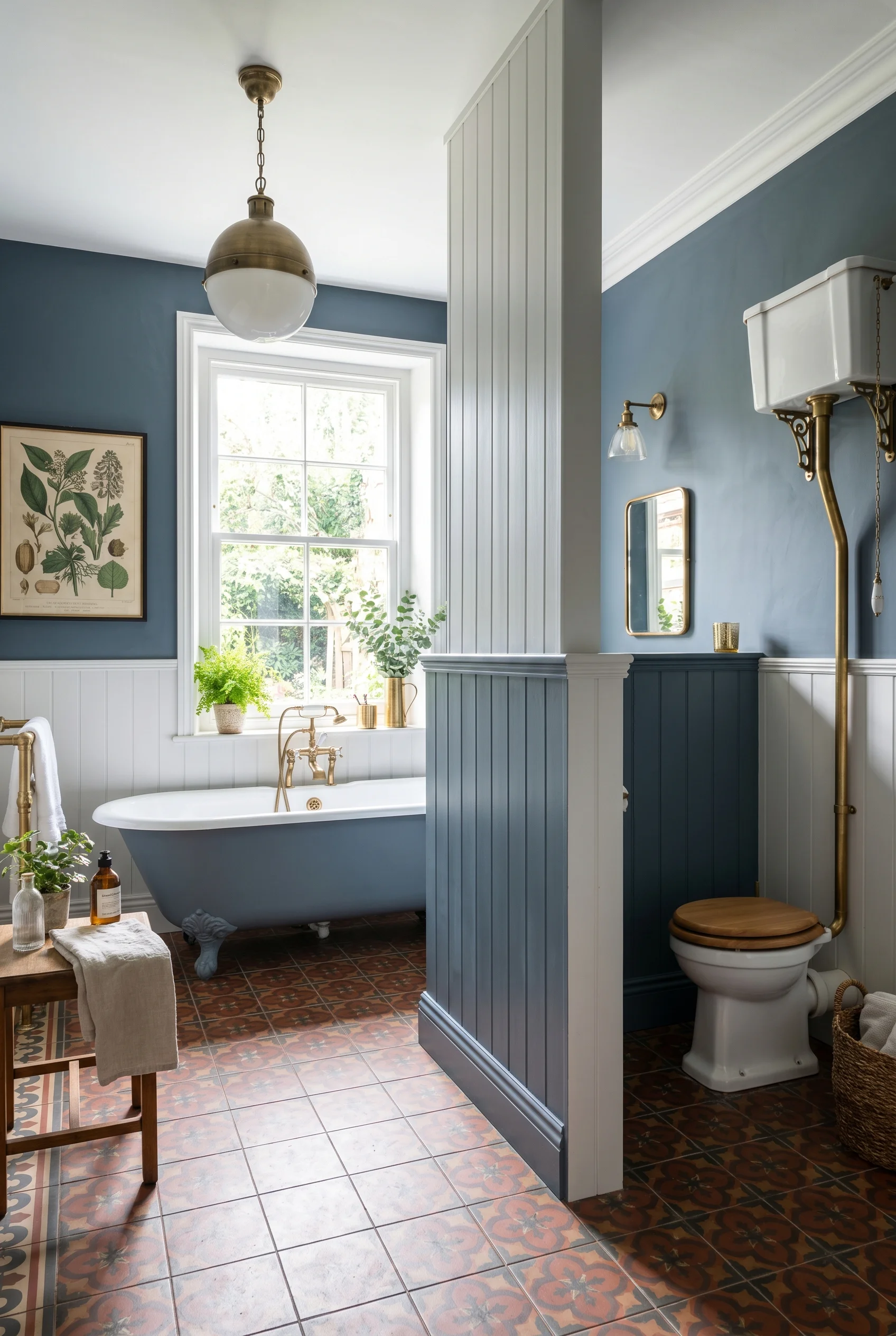 Victorian Bathroom design scene against Stiffkey Blue on walls above dado rail, white tongue-and-groove below and on the screen itself. The division r