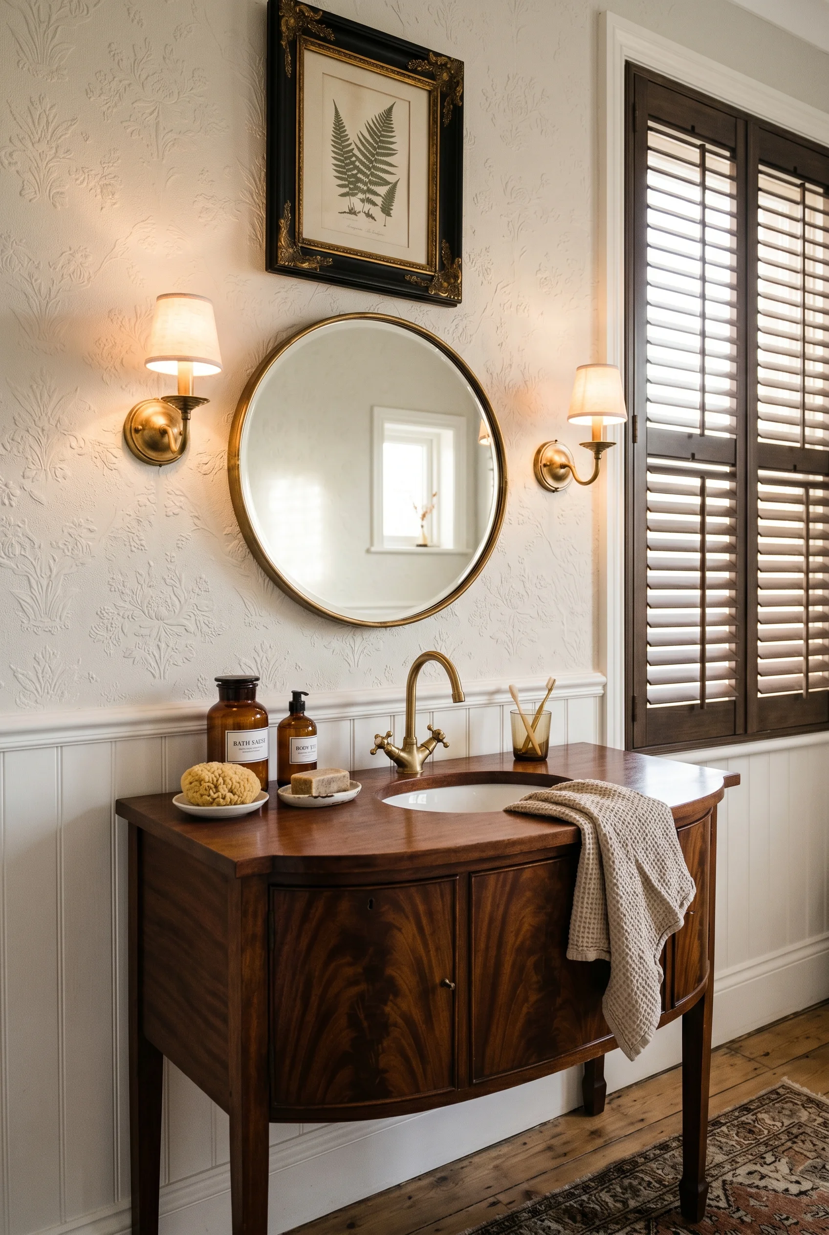 Victorian Bathroom featuring antique repurposed against Elephant's Breath on Anaglypta textured wallpaper above dado, white tongue-and-groove below. O