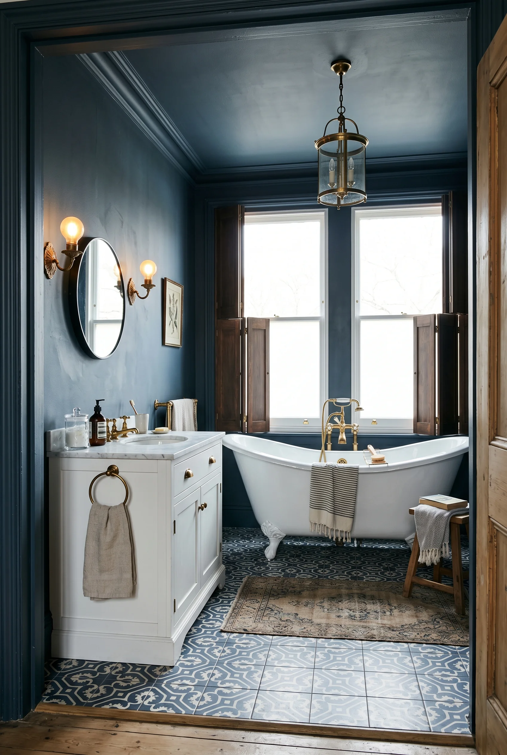 Victorian Bathroom featuring antique washstand against Inchyra Blue on all walls, ceiling, cornice, door, and window architrave — full drench. White b