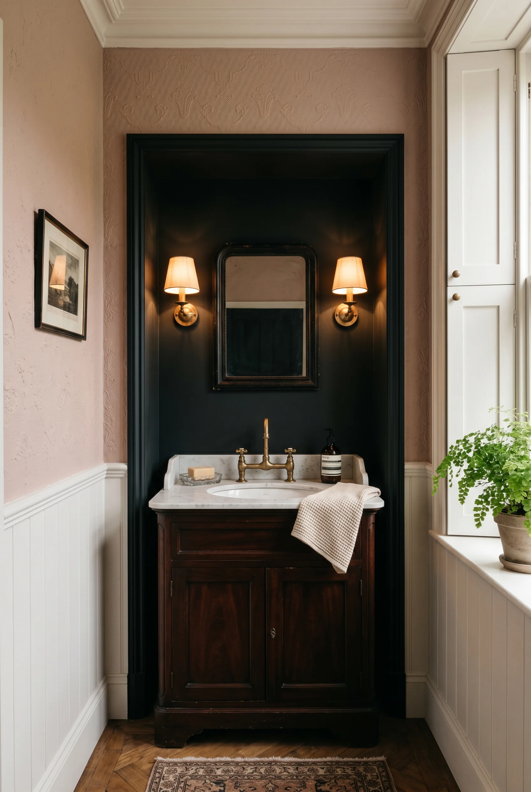 Victorian Bathroom featuring antique washstand against Setting Plaster on three walls, Pitch Black inside the vanity alcove behind washstand. White to