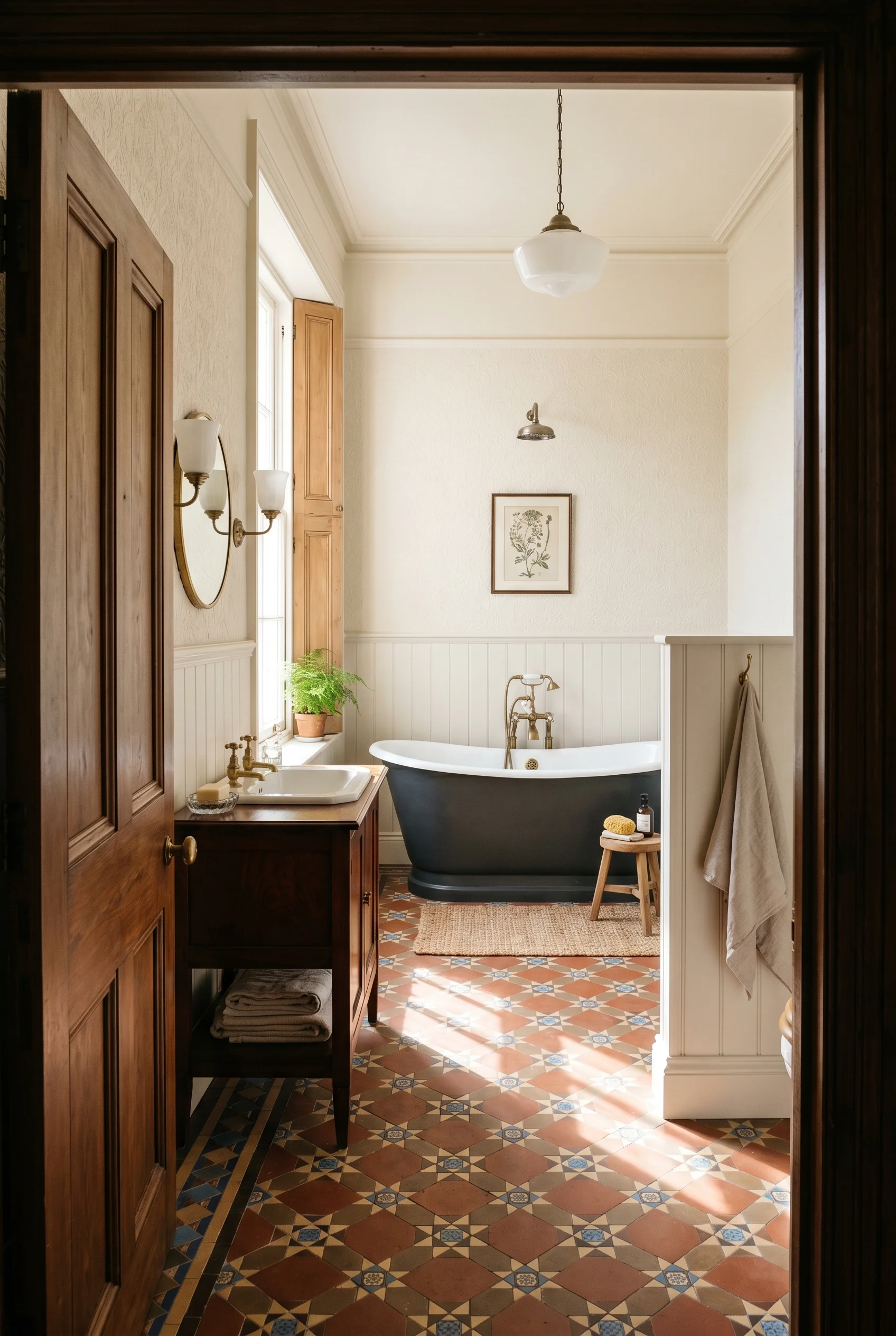 Victorian Bathroom featuring antique washstand against Slipper Satin on Anaglypta high-relief paper above dado rail, white tongue-and-groove panelling