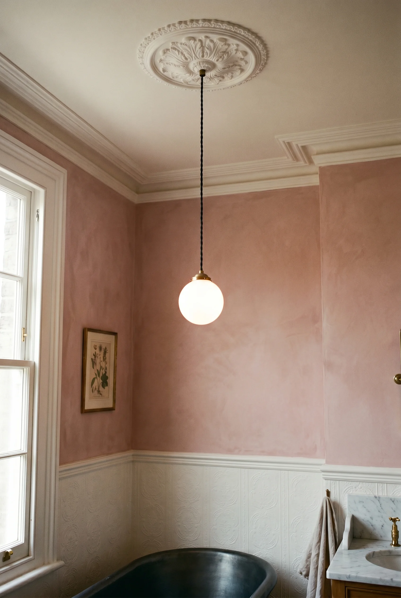 Victorian Bathroom featuring ceiling pendant against Sulking Room Pink on upper walls, white Anaglypta below dado. The muted dusty pink makes the milk