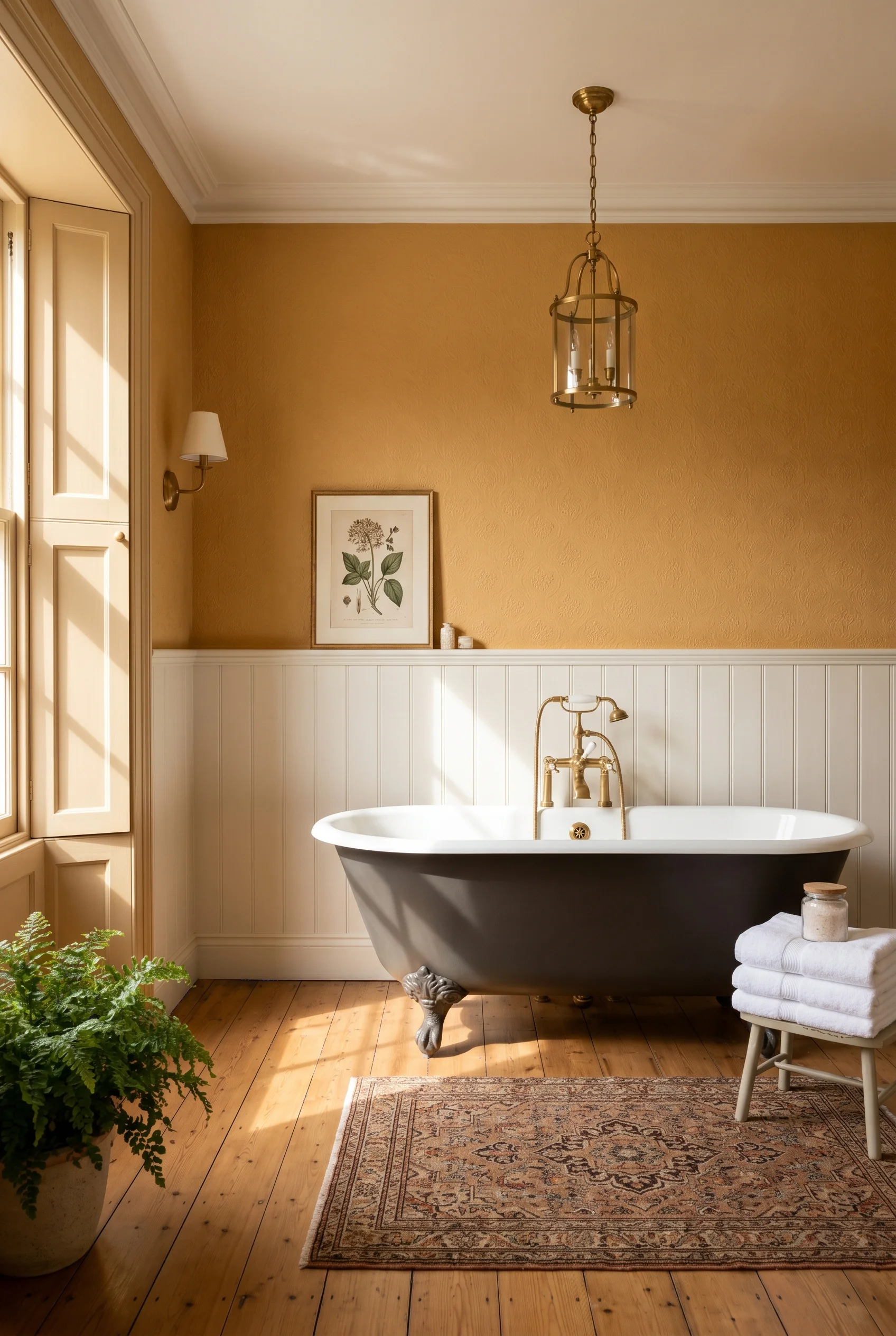 Victorian Bathroom featuring needlepoint rug against India Yellow on Anaglypta dado paper above the rail, white panelling below. The warm golden yello