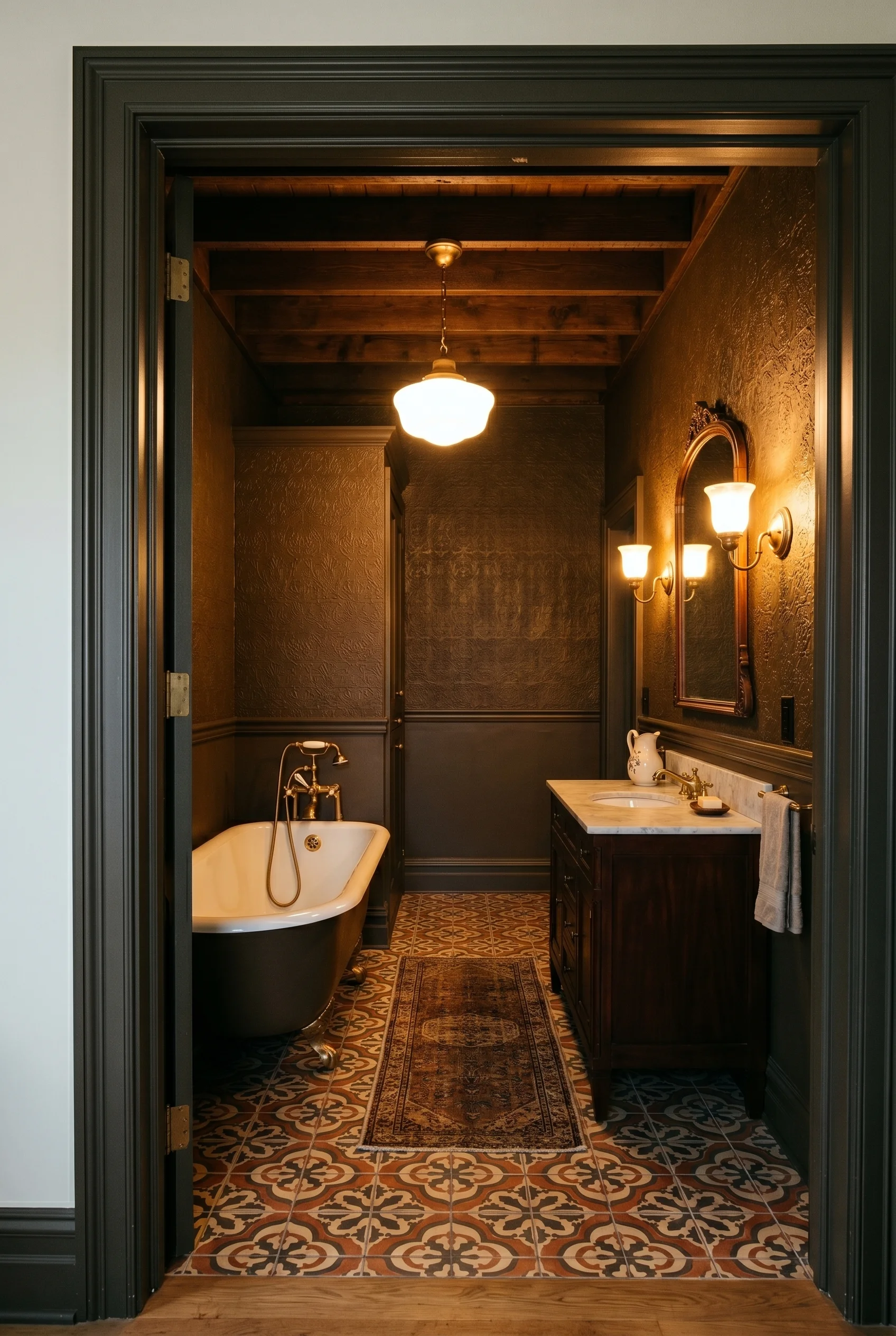 Victorian Bathroom featuring two sconce against Broccoli Brown on upper walls with Lincrusta relief paper — a warm dark brown that absorbs and complem