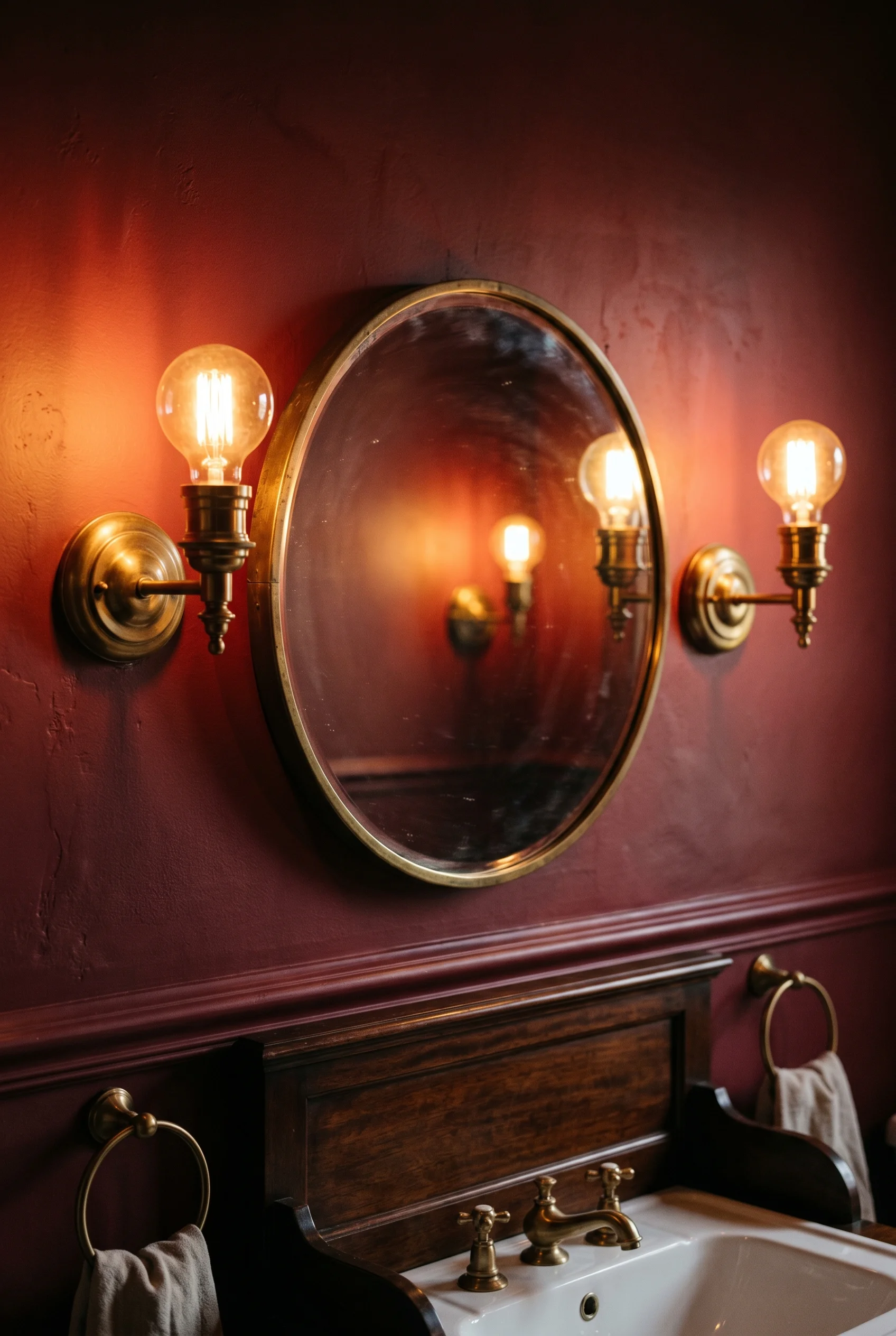 Victorian Bathroom featuring wall sconce with antique mirror against Incarnadine on upper wall above dado — a deep Victorian crimson-red behind the mi