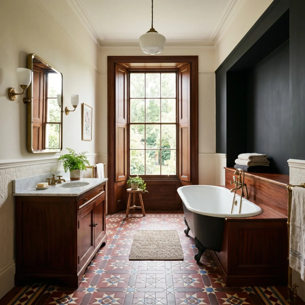 Modern Victorian bathroom with Pitch Black bath alcove wall, mahogany-panelled cast-iron bath concealing plumbing, two aged brass wall sconces flankin