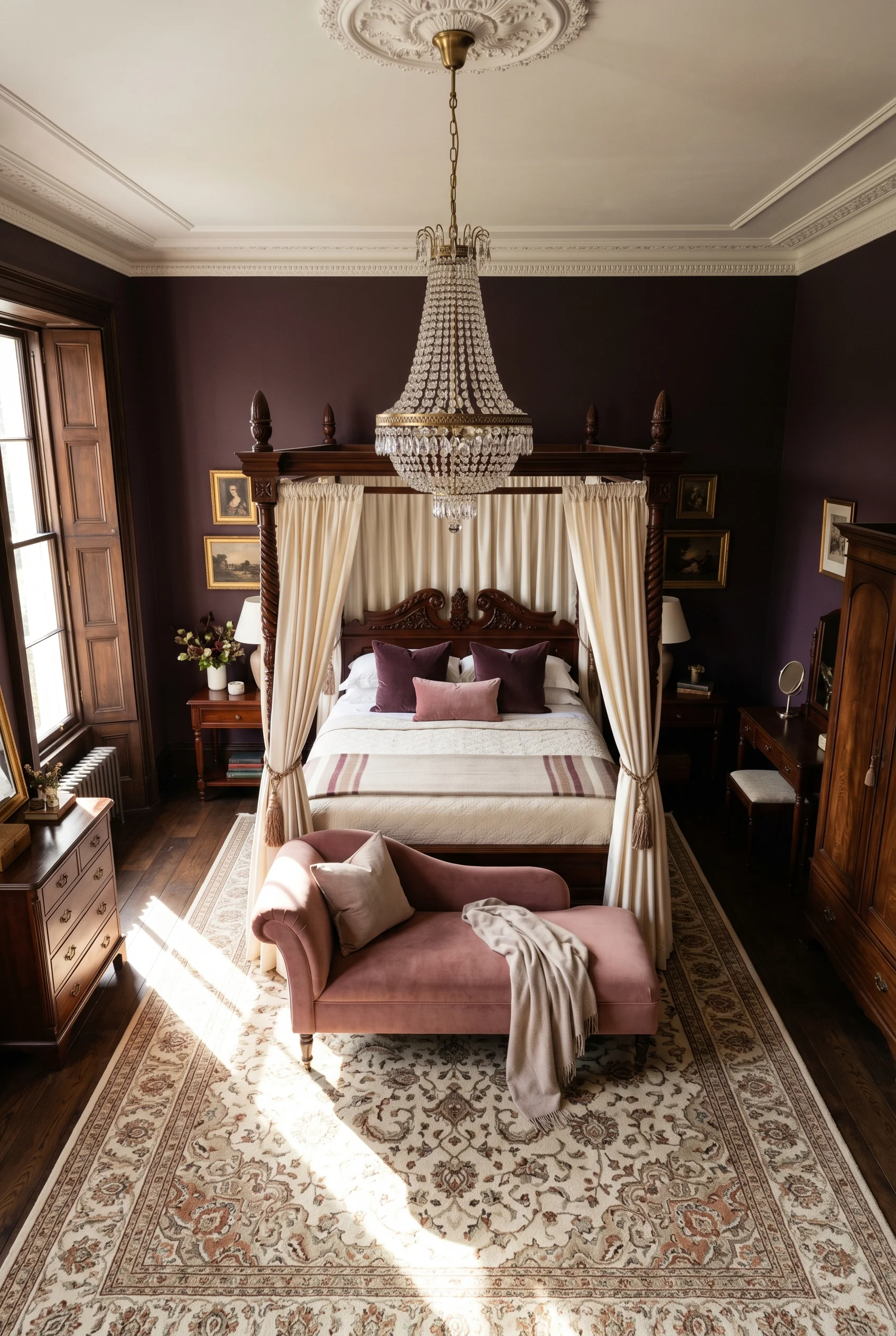 Victorian Bedroom design scene against Brinjal walls