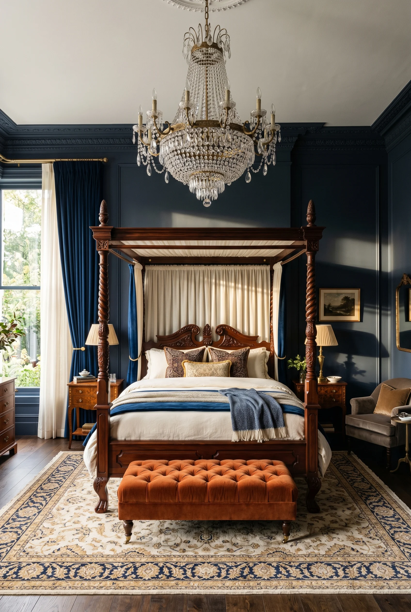 Victorian Bedroom design scene against Drawing Room Blue walls