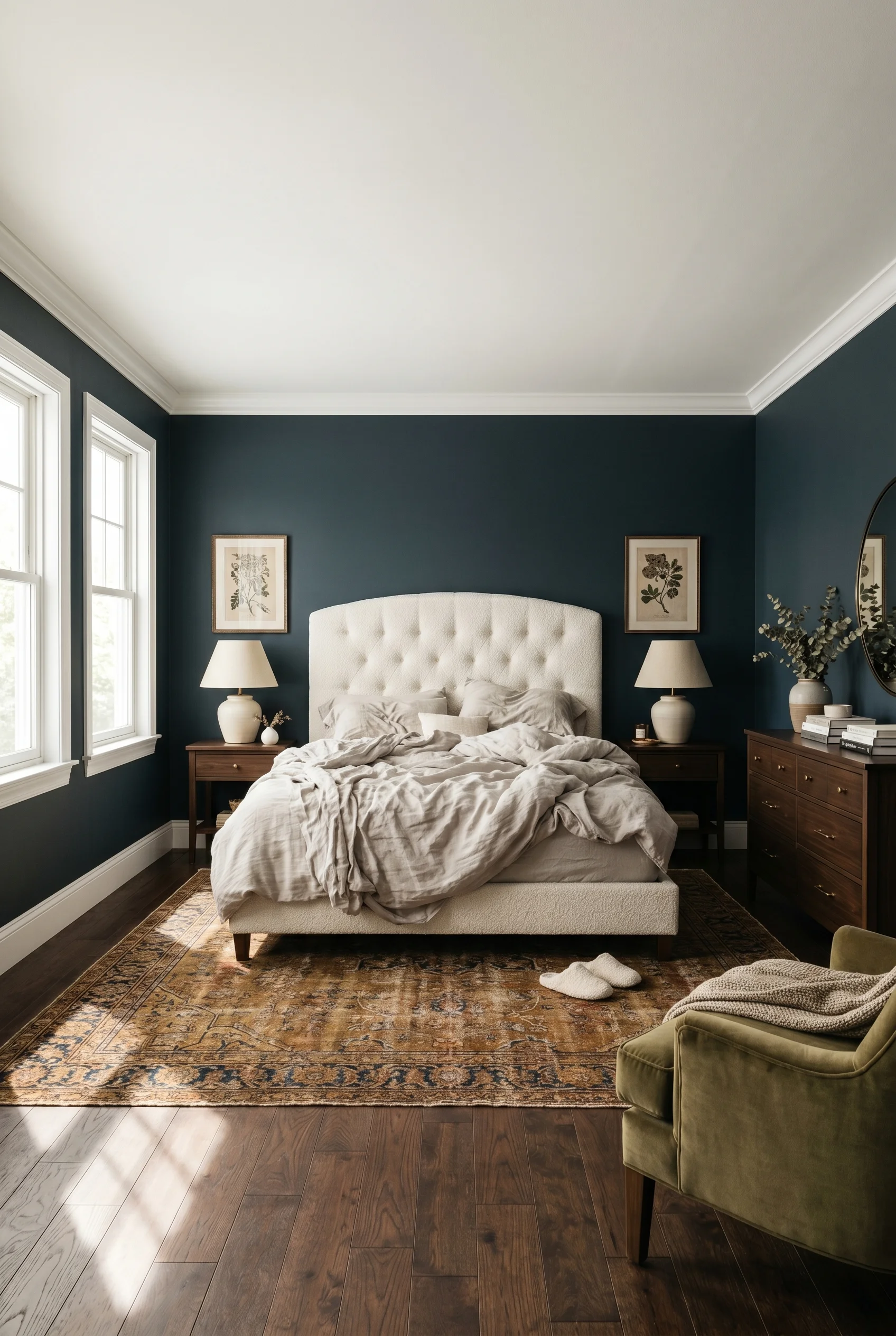 Victorian Bedroom design scene against Hague Blue walls