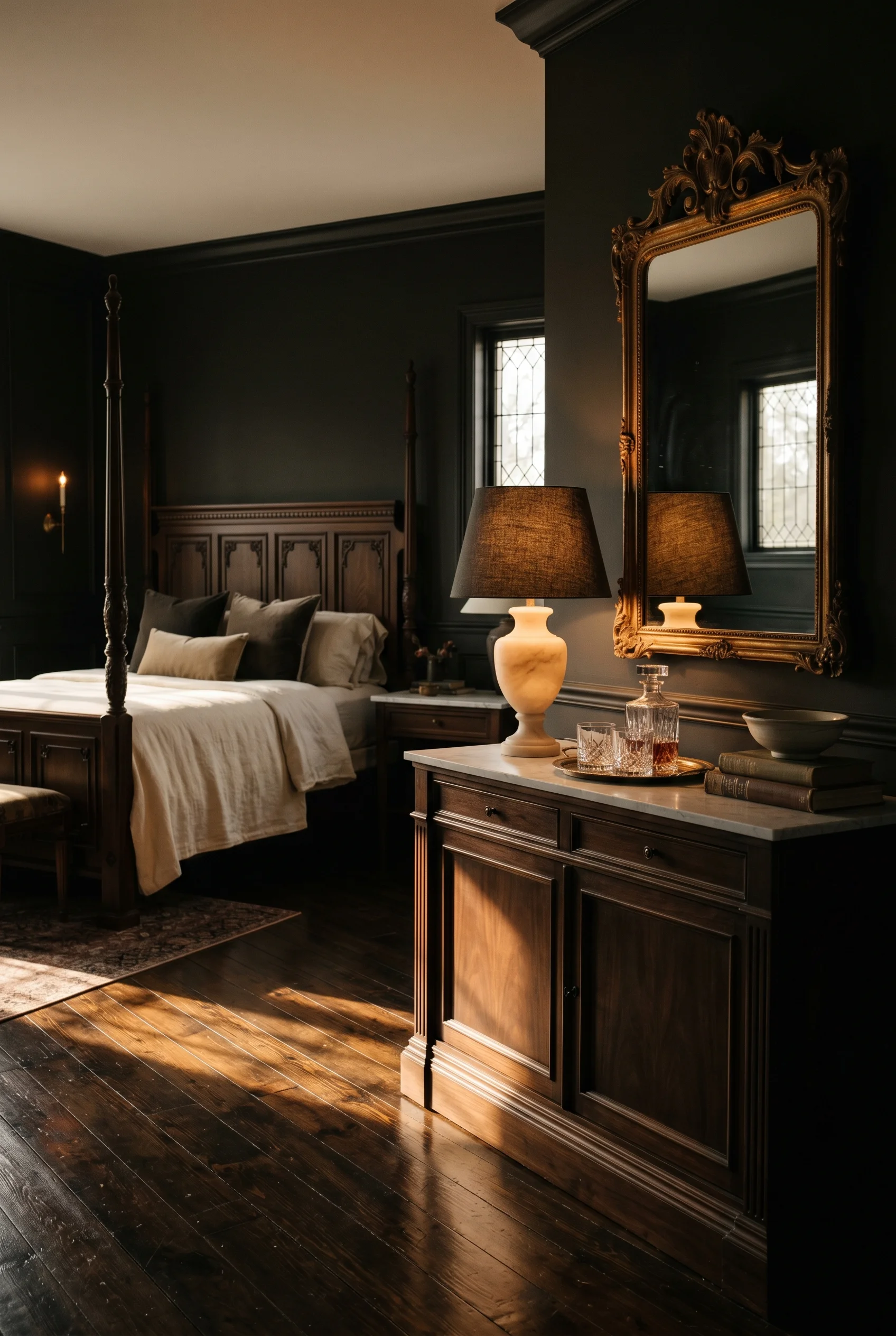 Victorian Bedroom featuring accessory console against Off-Black walls