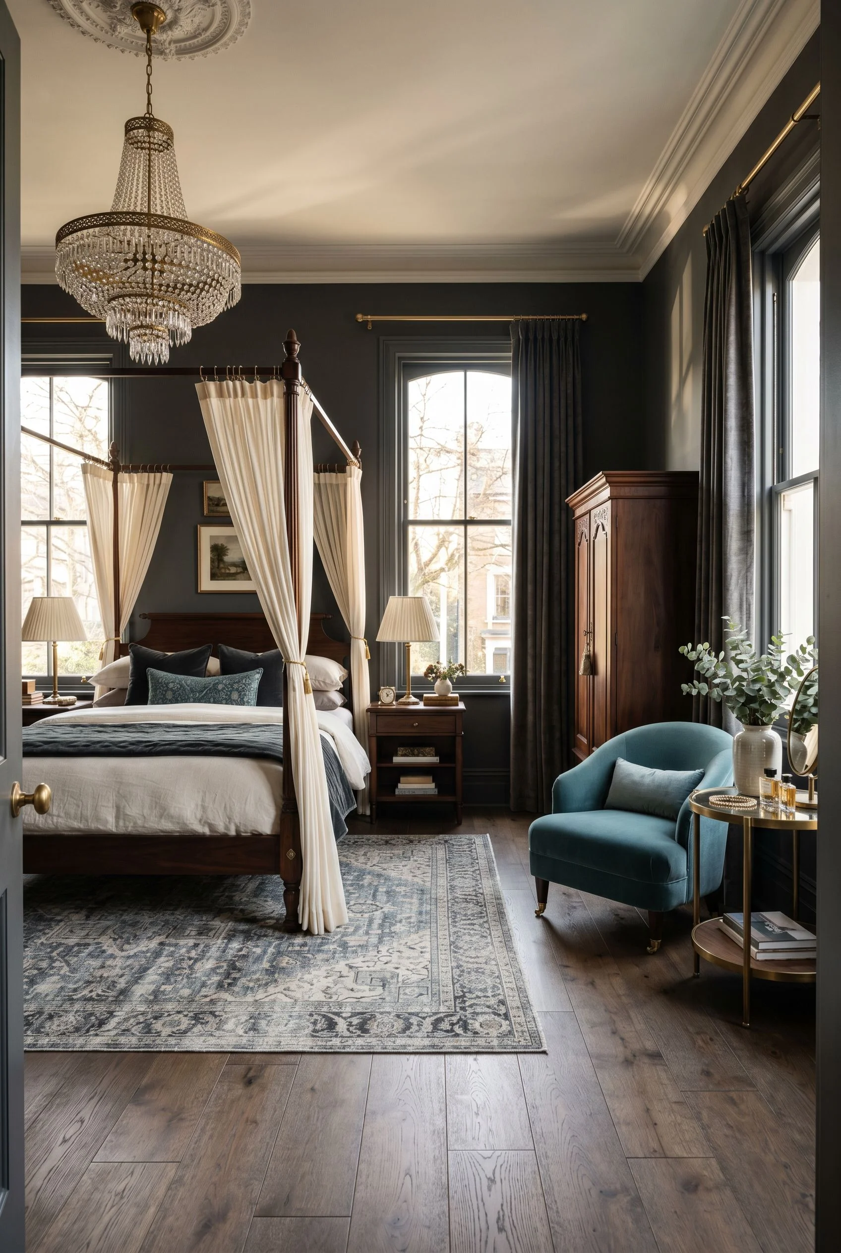 Victorian Bedroom featuring and slipper chair against Down Pipe walls