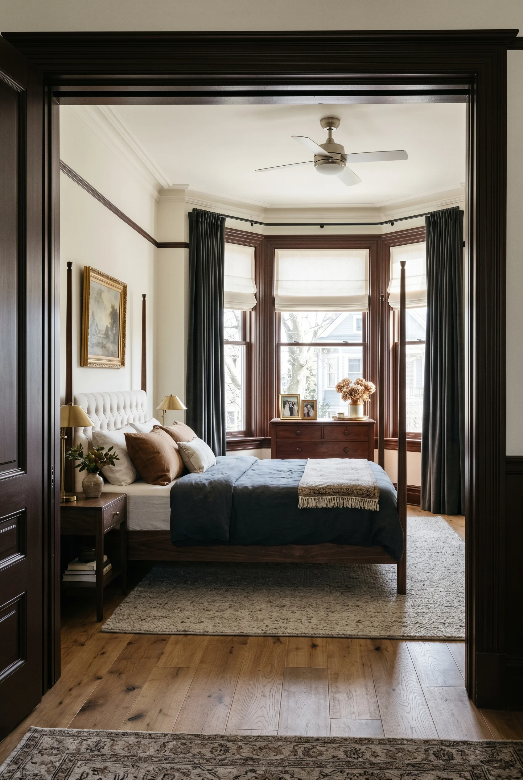 Victorian Bedroom featuring antique chest against Mahogany walls