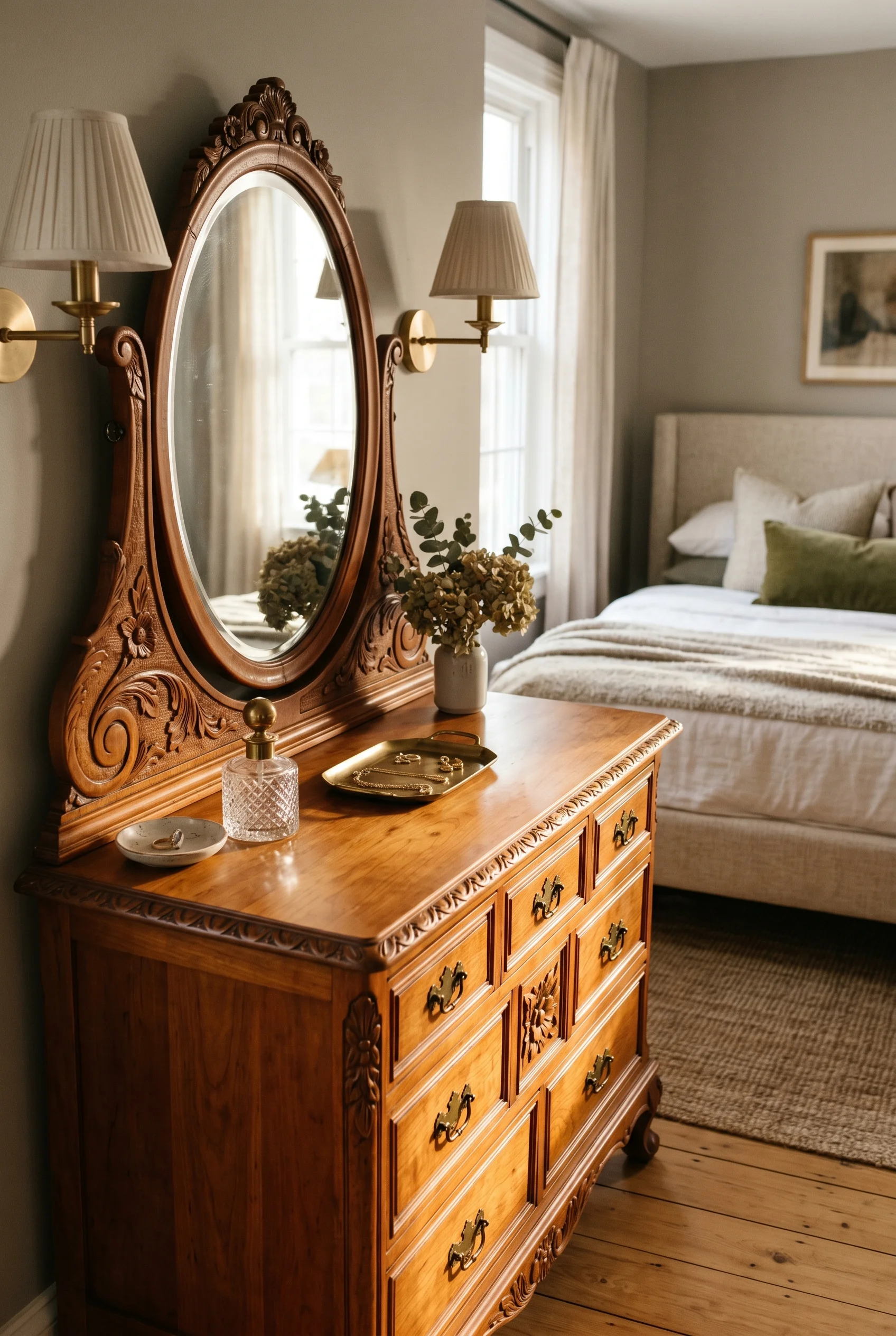Victorian Bedroom featuring antique dresser against Elephant's Breath walls