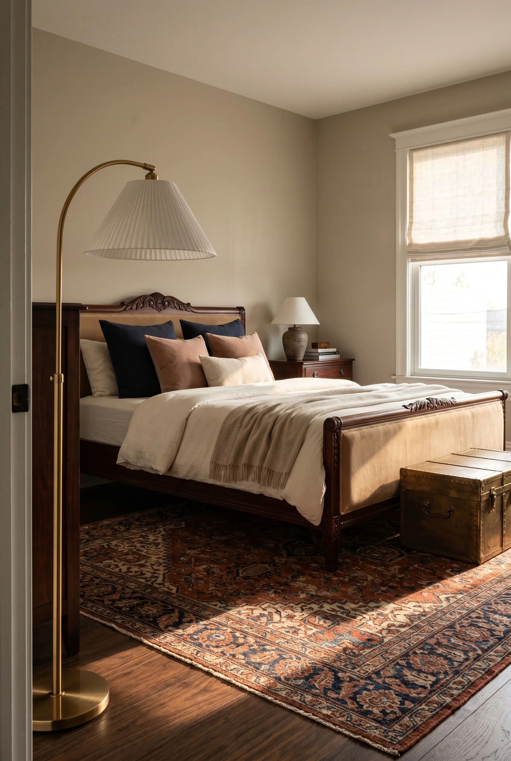 Victorian Bedroom featuring arc lamp with vintage trunk against Cord walls