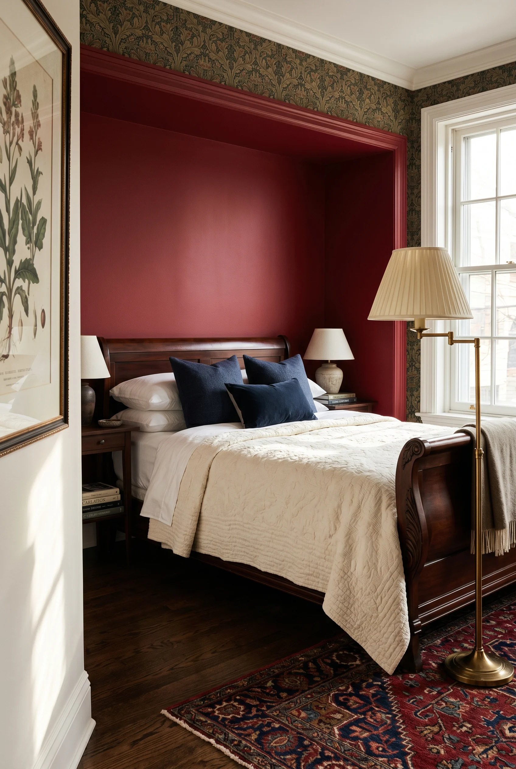 Victorian Bedroom featuring floor lamp against Incarnadine walls