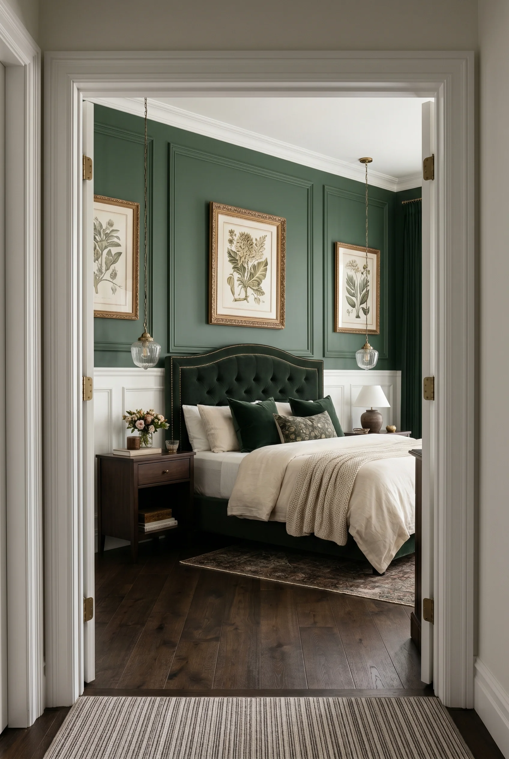 Victorian Bedroom featuring head-wall paneling against Studio Green walls