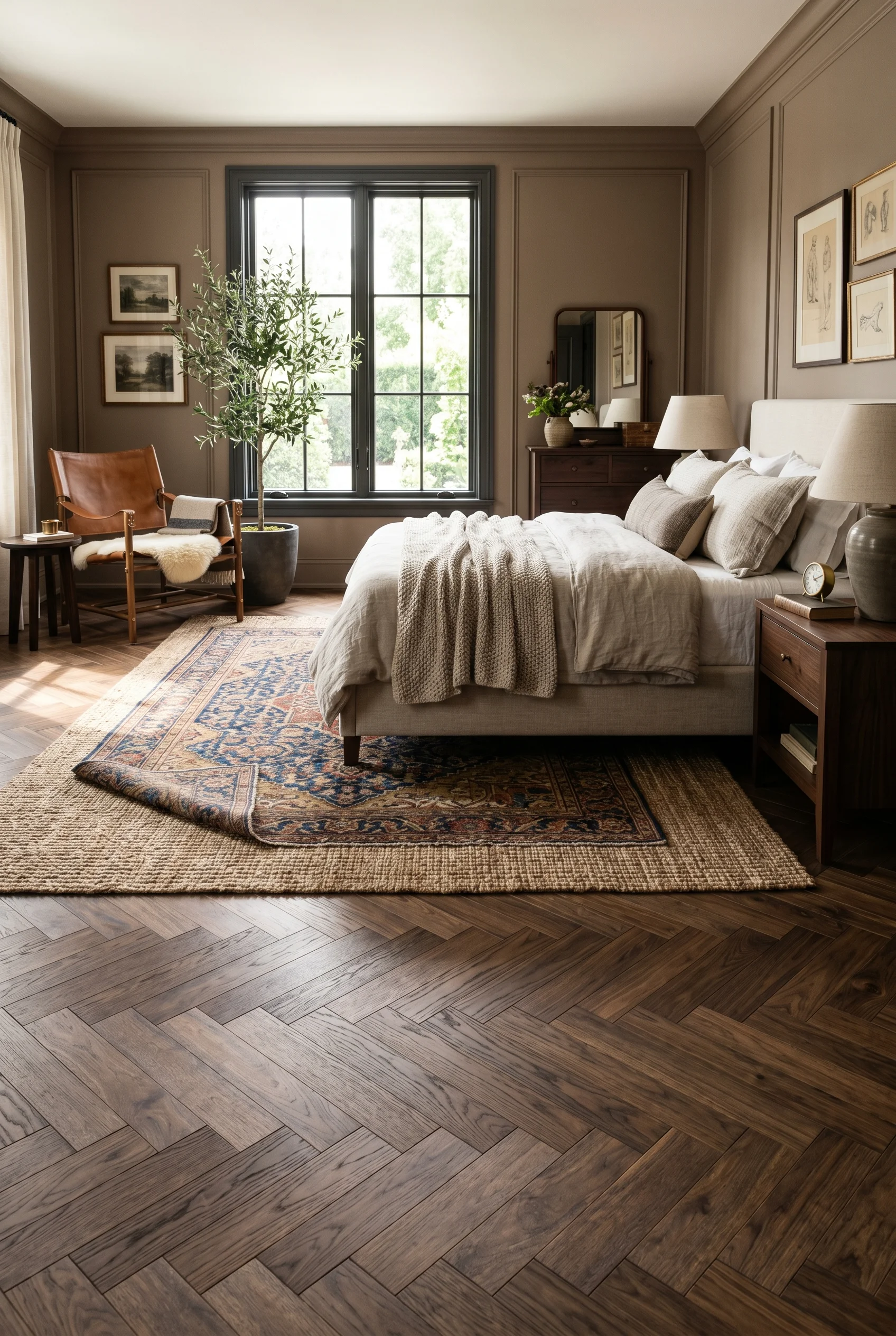 Victorian Bedroom featuring layered rug against London Clay walls
