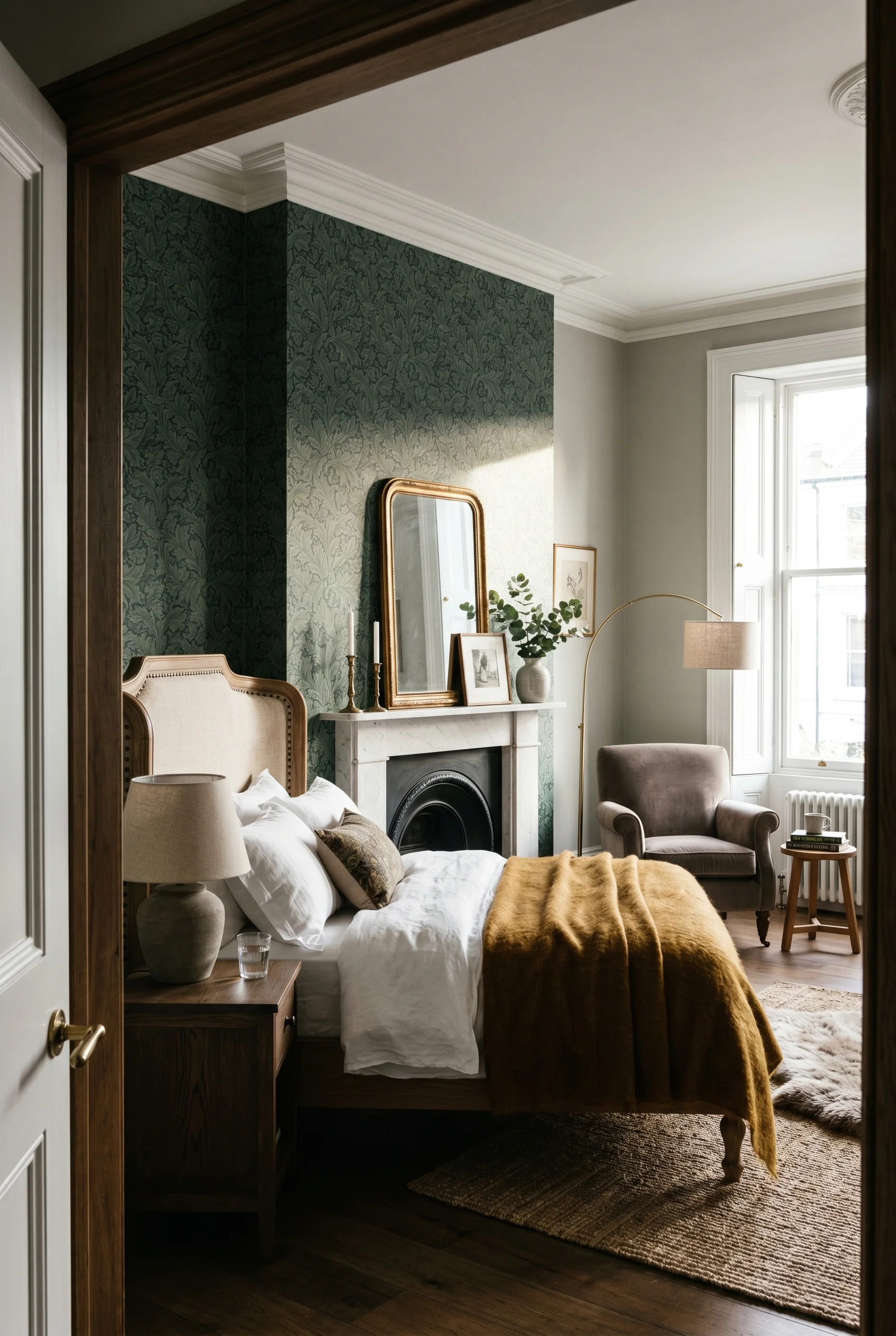 Victorian Bedroom featuring morris wallpaper against Lamp Room Gray walls