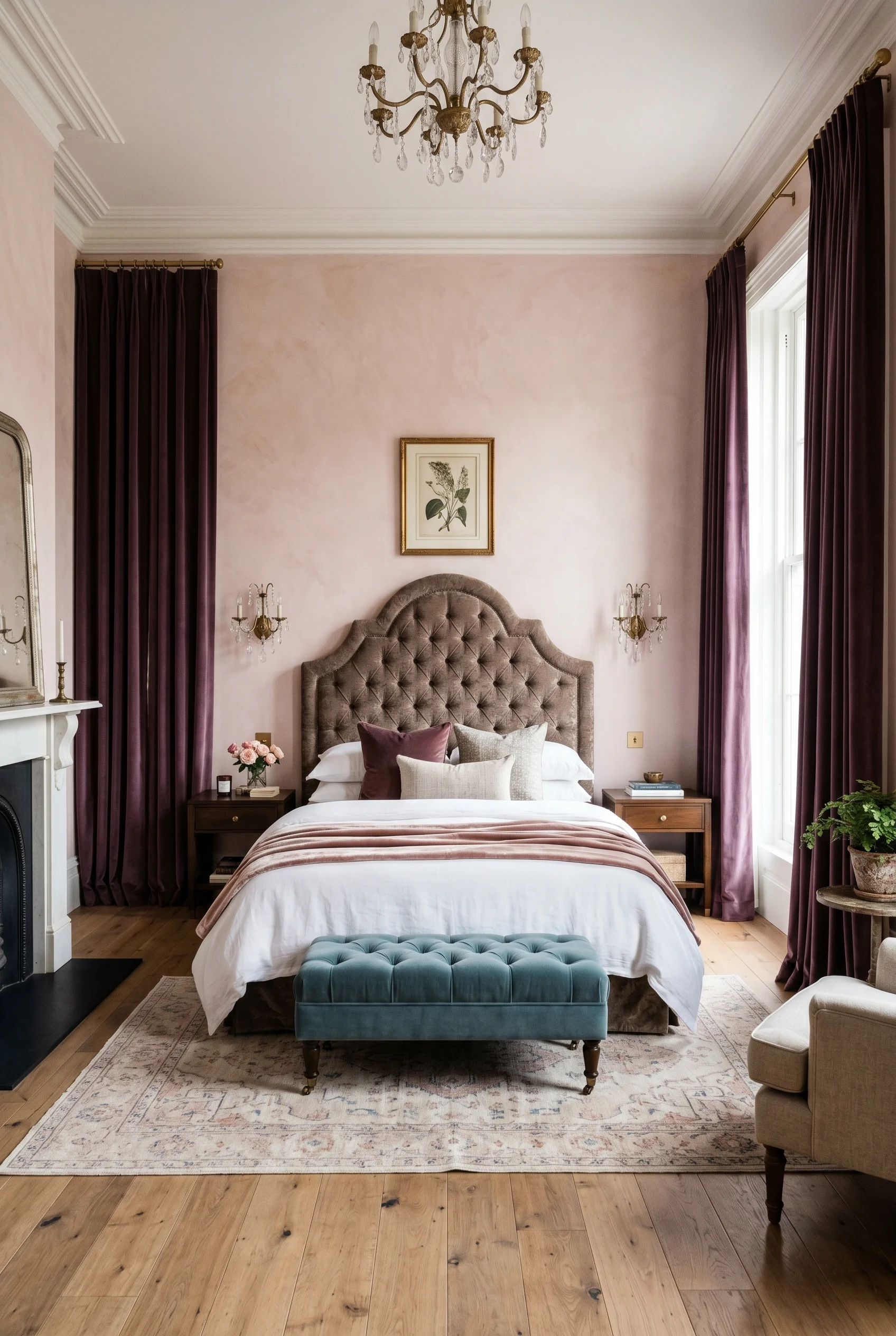 Victorian Bedroom featuring velvet drapes against Setting Plaster walls