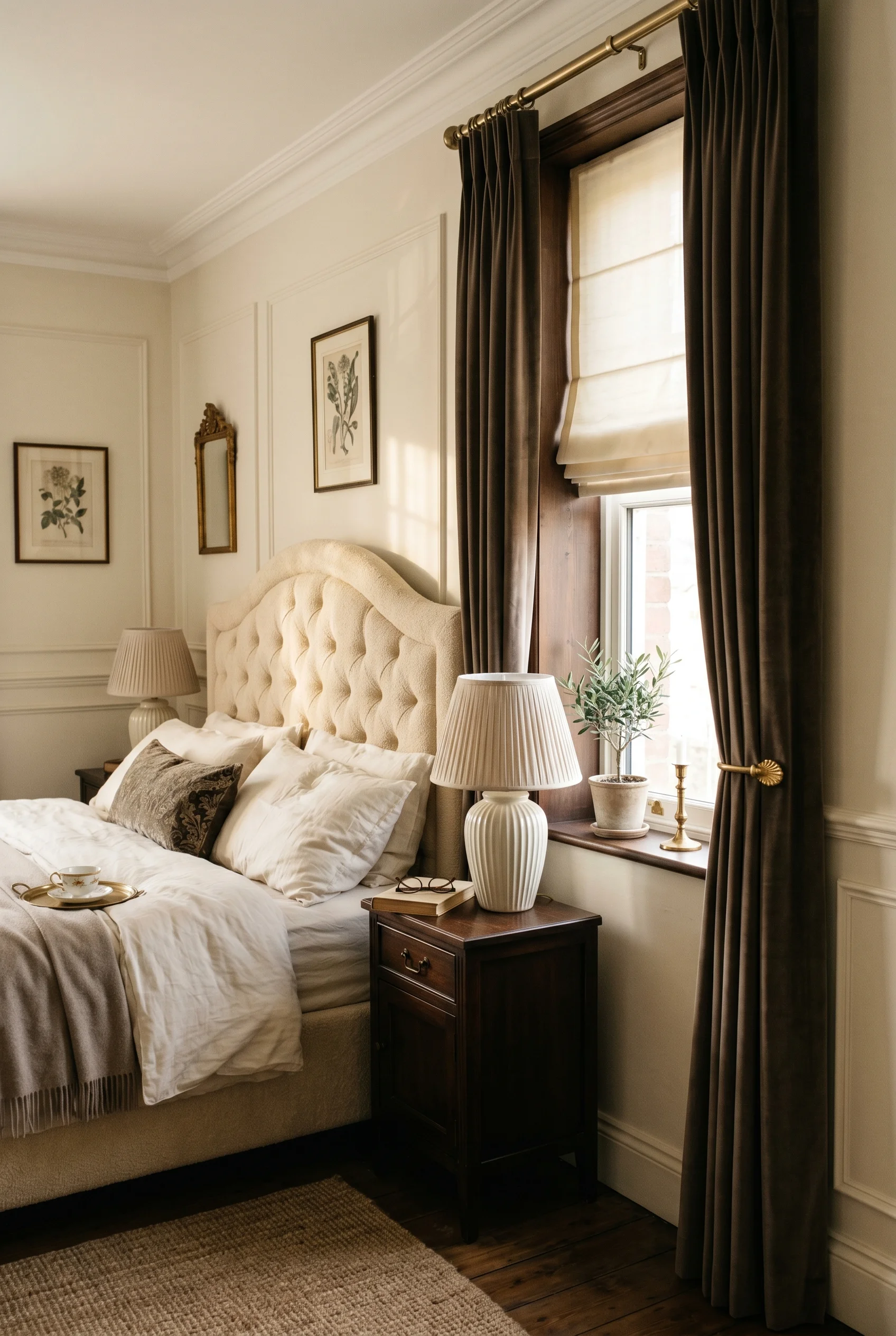 Victorian Bedroom featuring velvet drapes against Slipper Satin walls