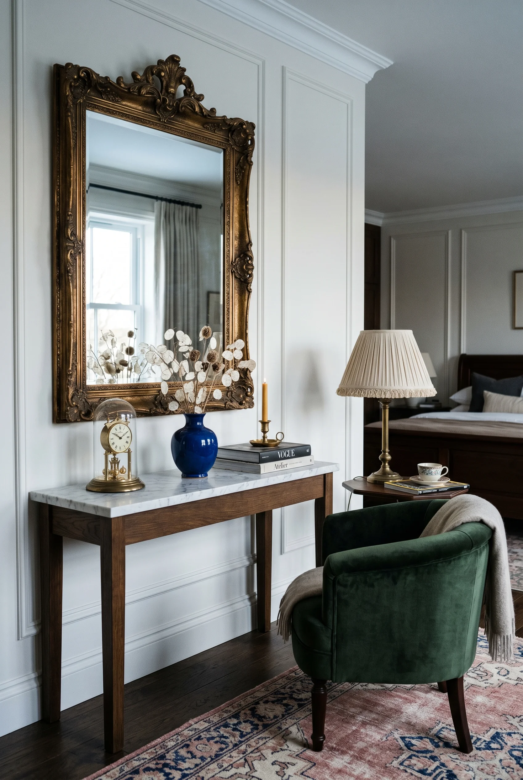 Victorian Bedroom featuring velvet tub chair with marble console against Cornforth White walls