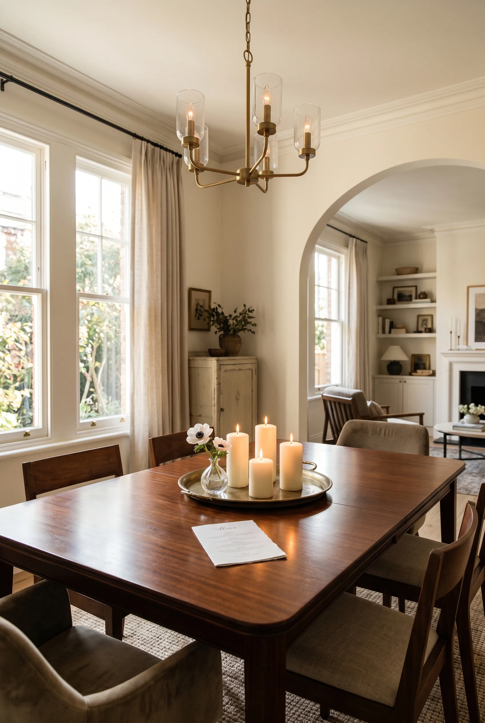 Victorian Dining Room design scene against F&B No. 203 Tallow, uniform warm cream-white walls