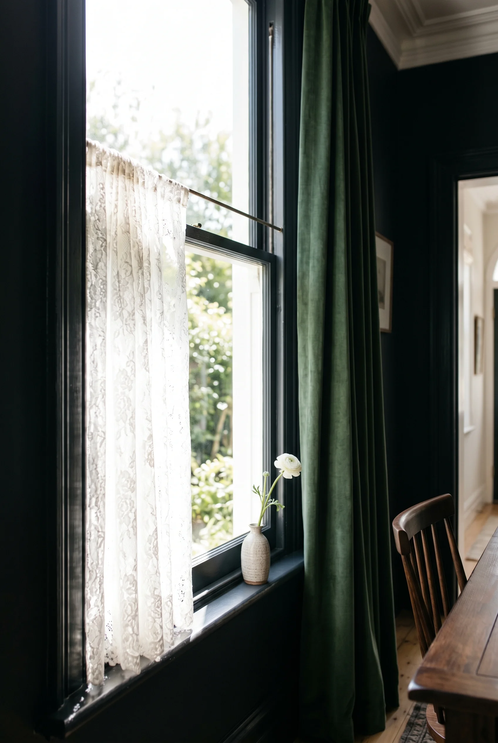 Victorian Dining Room design scene against F&B No. 225 Bible Black, colour-drenched very dark near-black walls