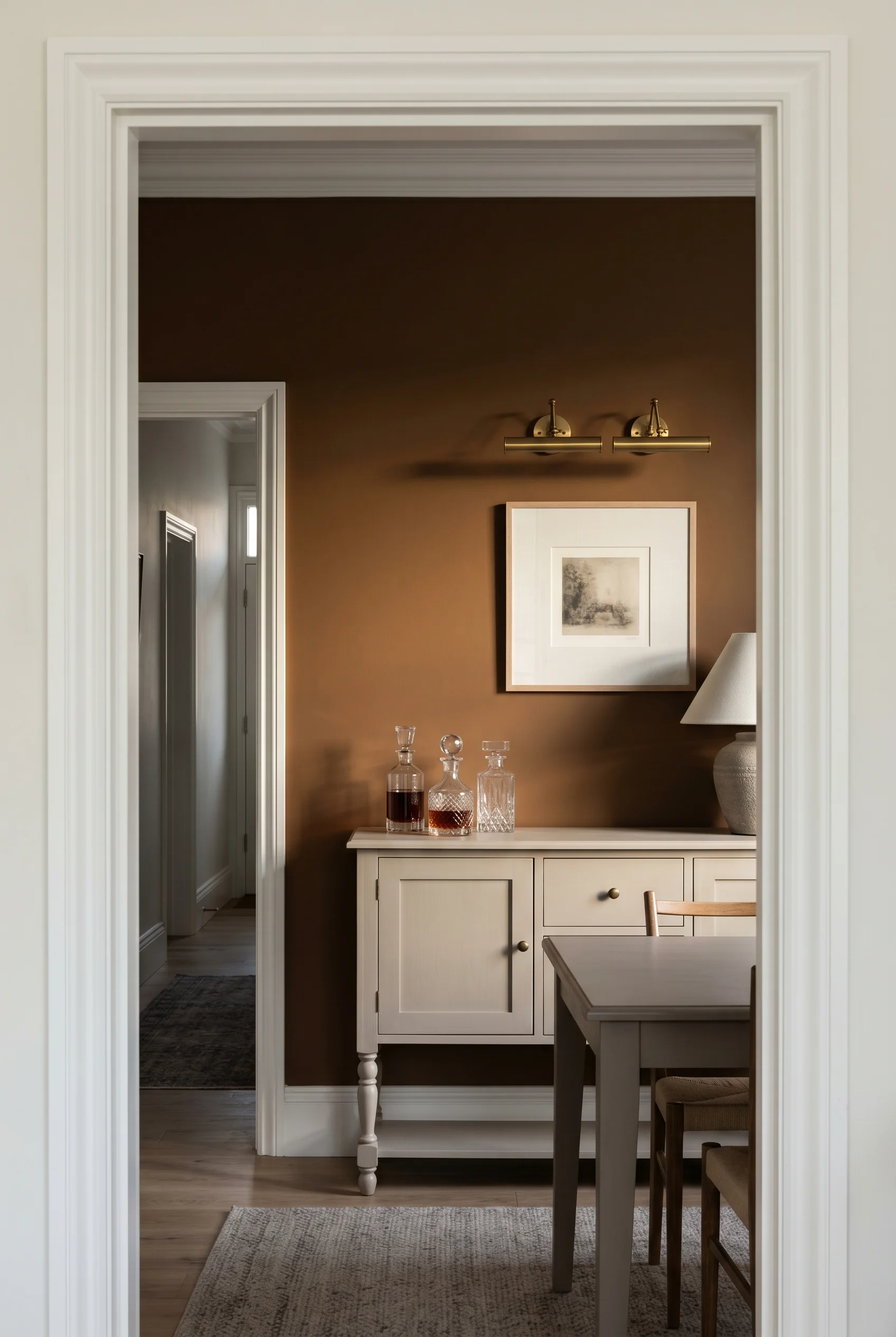 Victorian Dining Room design scene against F&B No. 255 Tanner's Brown, feature wall behind sideboard only, flanking walls in off-white walls