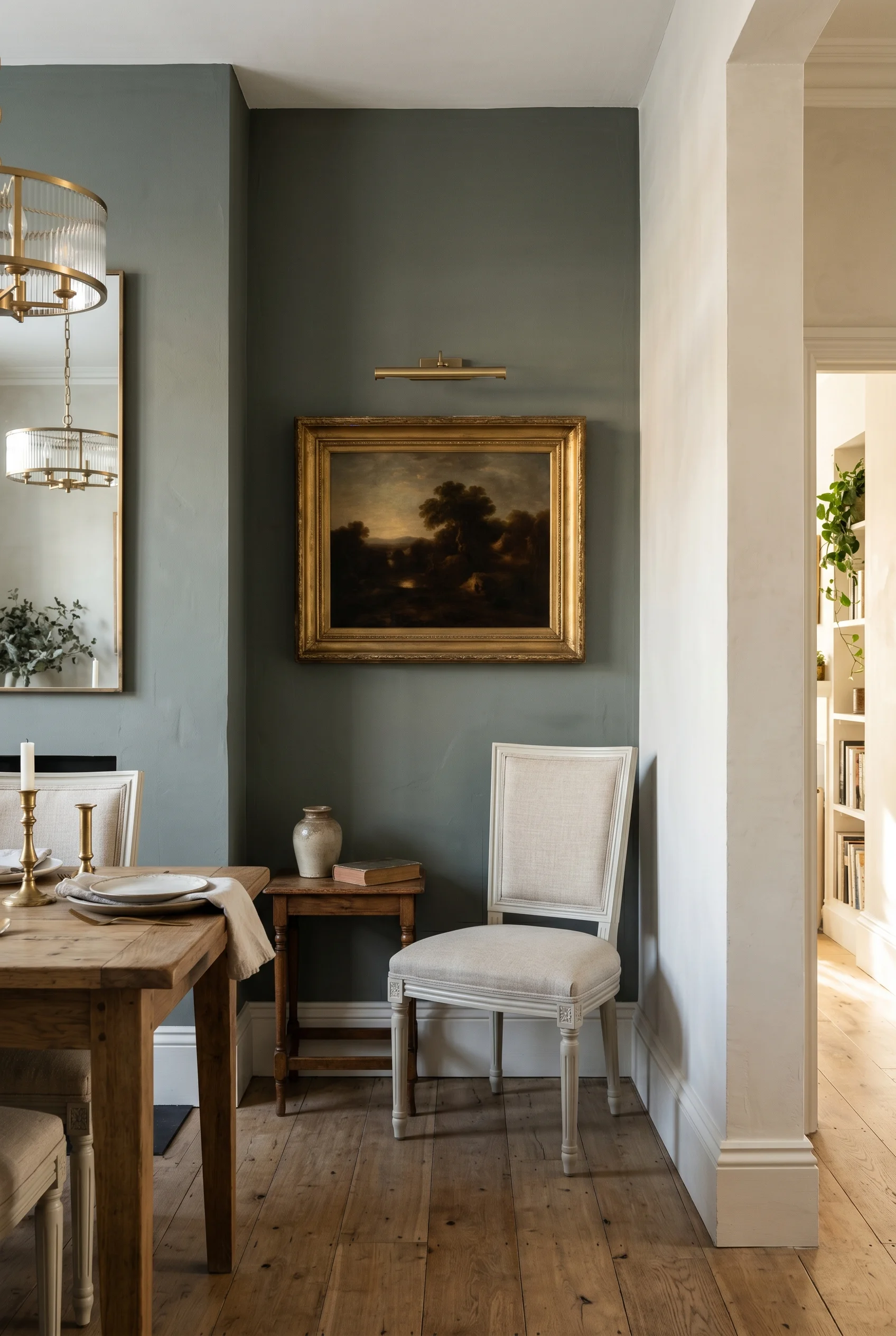 Victorian Dining Room design scene against F&B No. 266 Mizzle, feature wall colour; adjacent wall in pale off-white creating quiet contrast walls