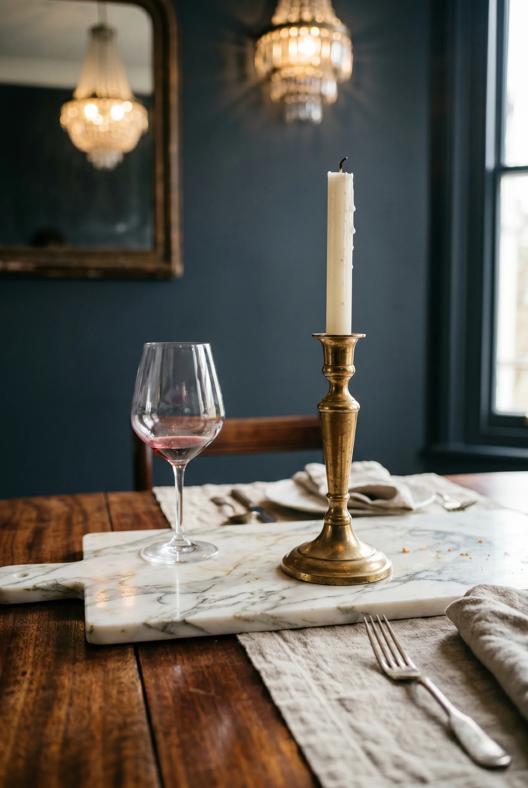 Victorian Dining Room design scene against F&B No. 281 Stiffkey Blue, colour-drenched dark slate-blue walls