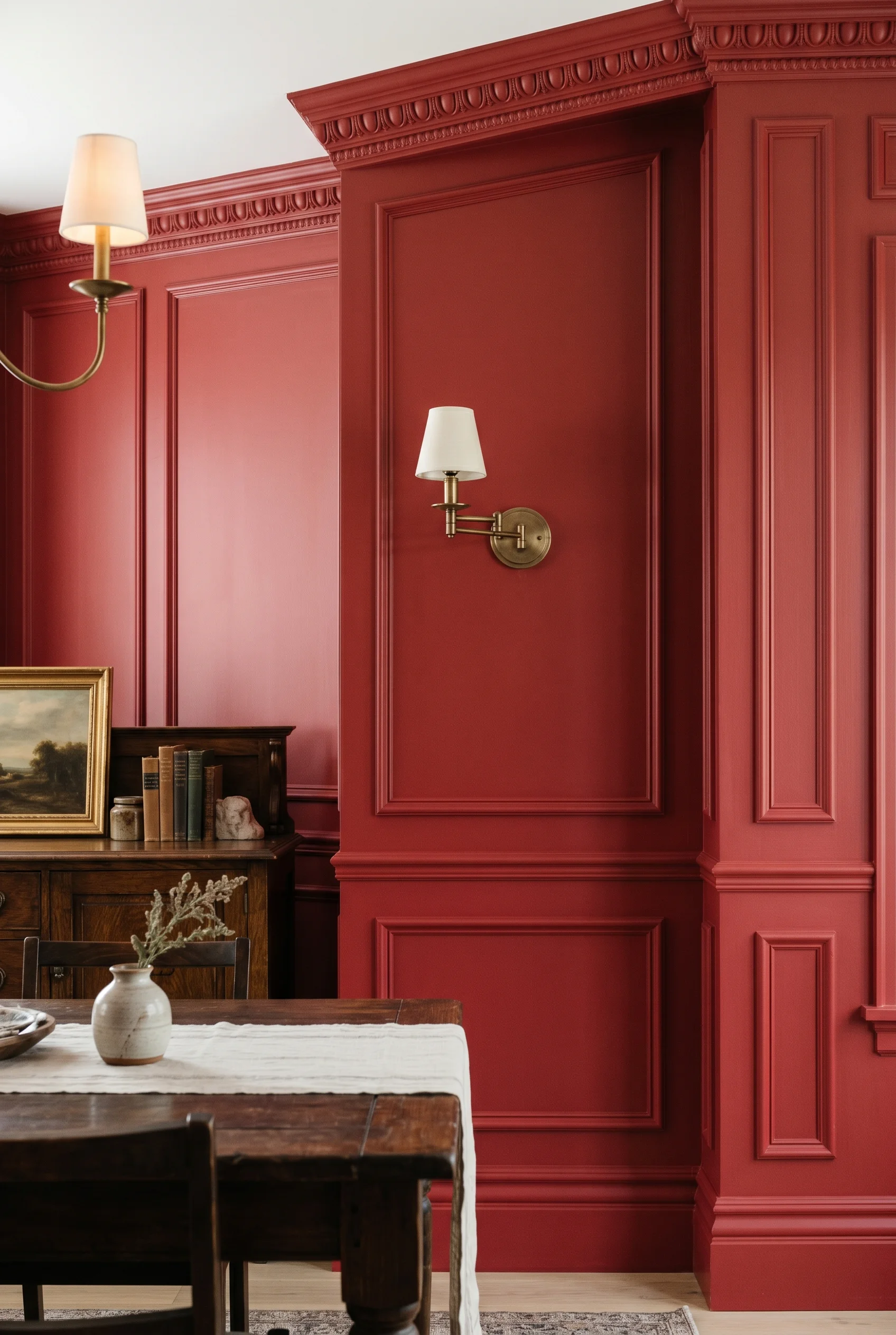Victorian Dining Room design scene against F&B No. 297 Preference Red, full panelled treatment — both raised panel faces and surrounding mouldings in 