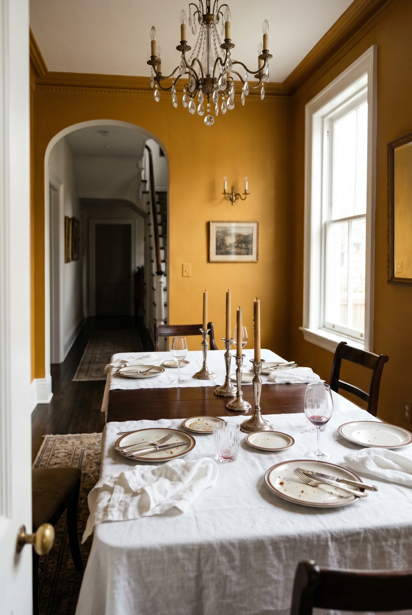 Victorian Dining Room design scene against F&B No. 66 India Yellow, colour-drenched warm ochre — candlelight makes the yellow walls glow amber walls