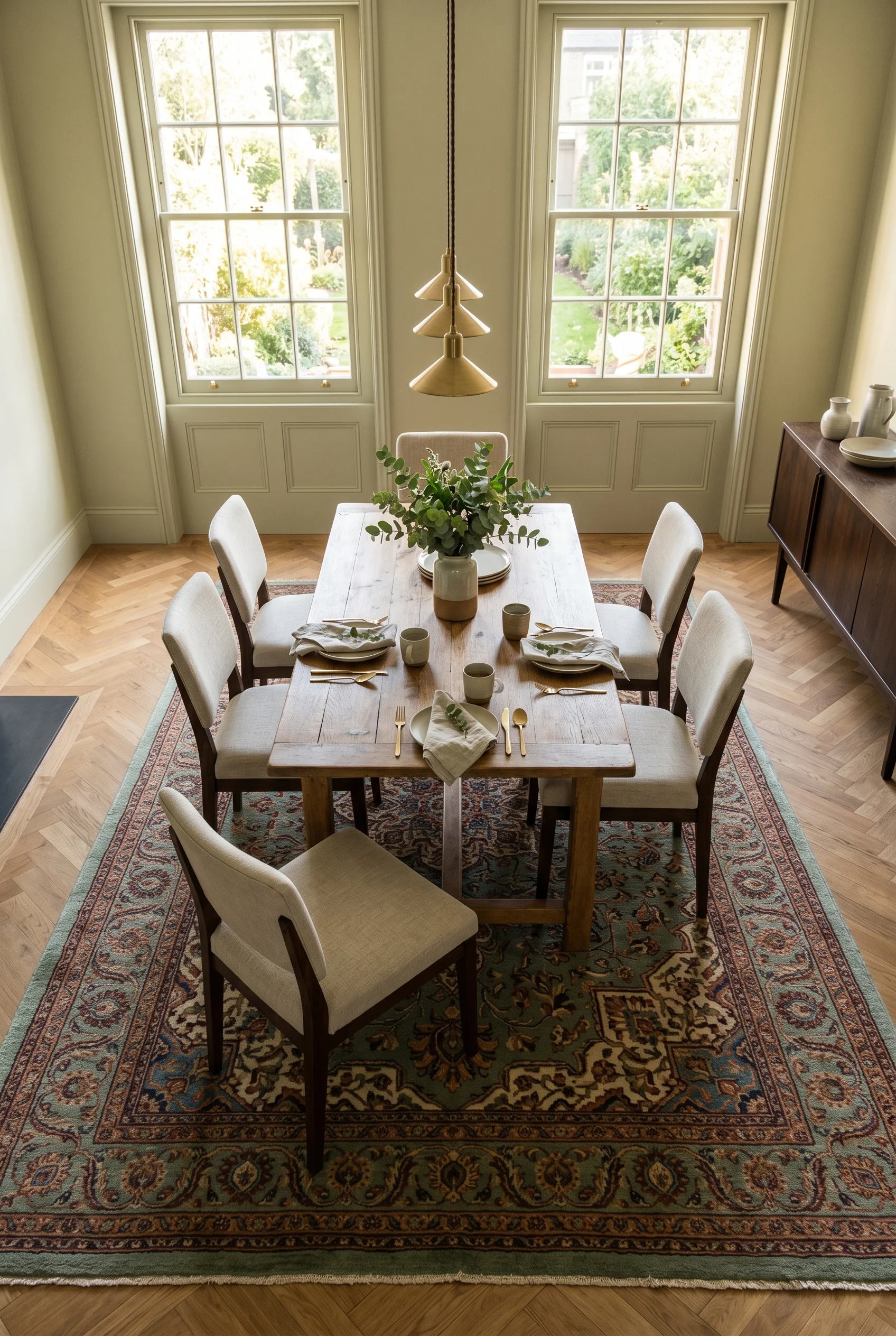 Victorian Dining Room featuring all four chair with persian rug against F&B No. 19 Lichen, uniform soft sage-green walls