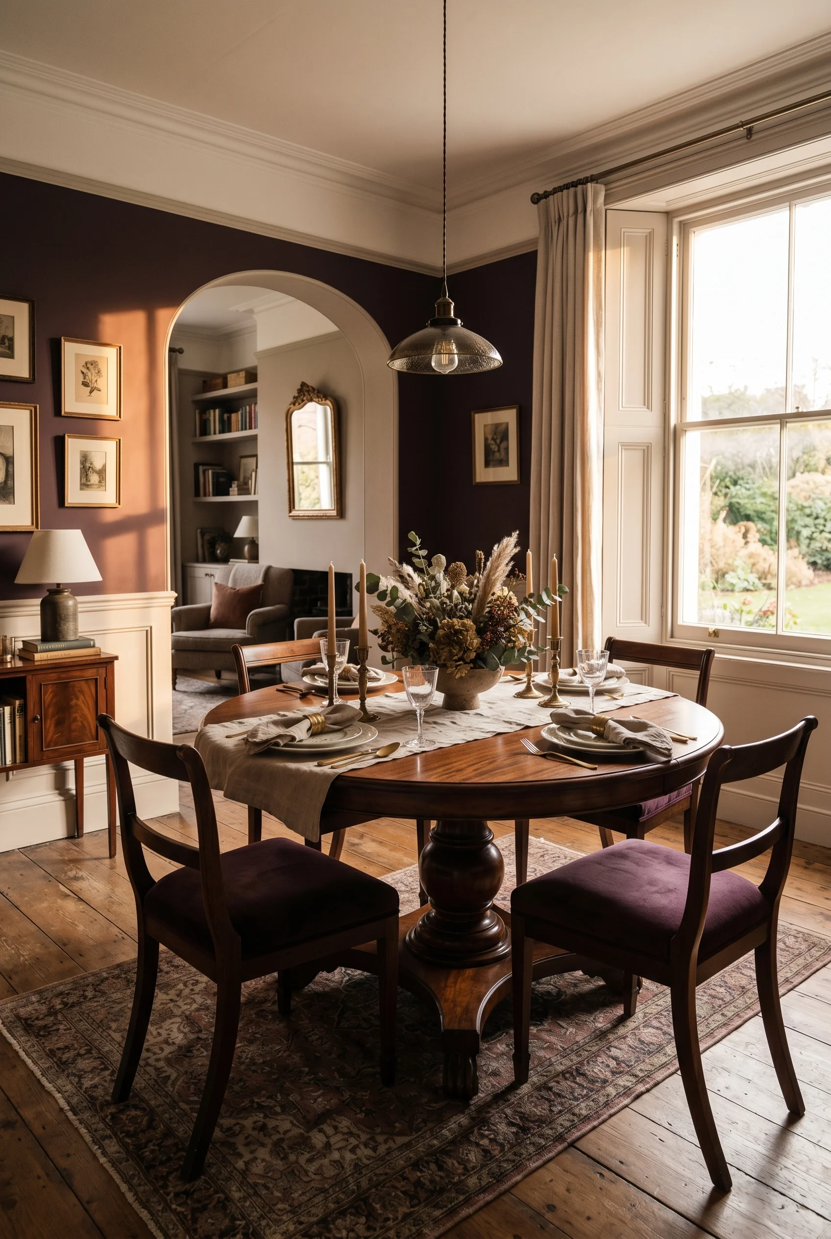 Victorian Dining Room featuring antique pedestal against F&B No. 222 Brinjal, colour-drenched deep aubergine walls