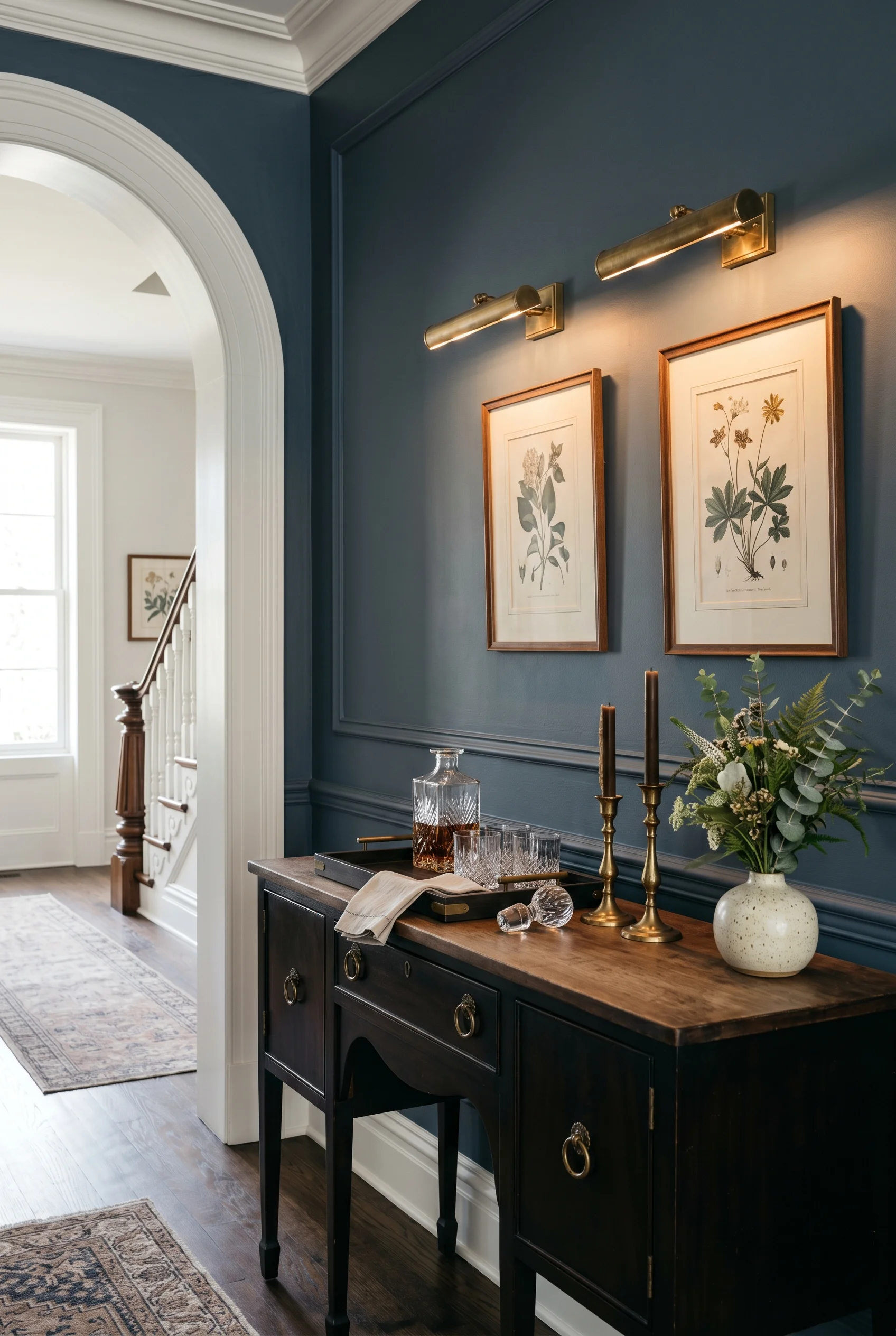 Victorian Dining Room featuring antique sideboard against F&B No. 253 Drawing Room Blue, colour-drenched deep navy-blue walls