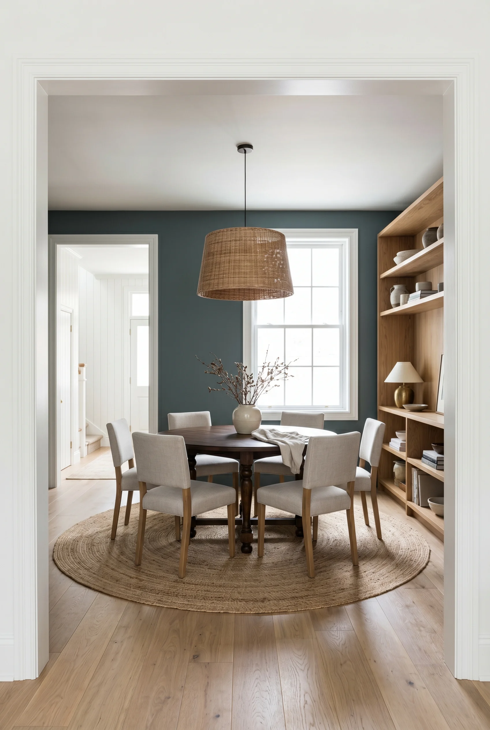 Victorian Dining Room featuring area rug against F&B No. 289 Inchyra Blue, colour-drenched blue-grey walls