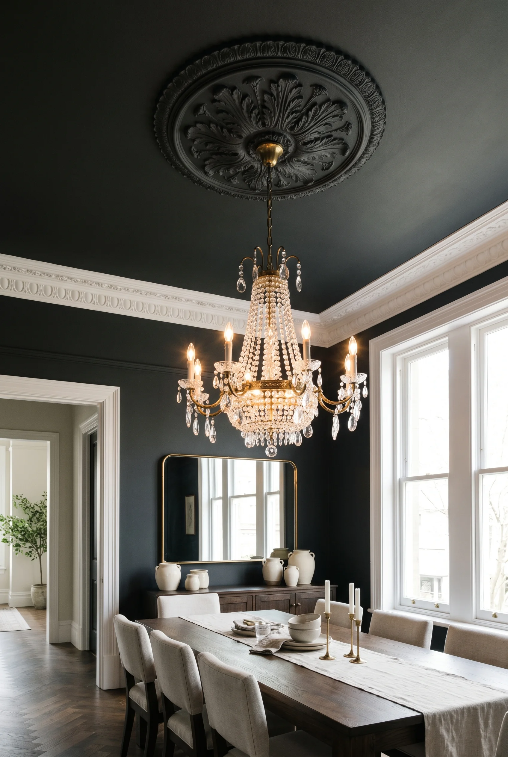 Victorian Dining Room featuring at chandelier against F&B No. 31 Railings, colour-drenched dark charcoal-grey ceiling and walls — ceiling drenched mat