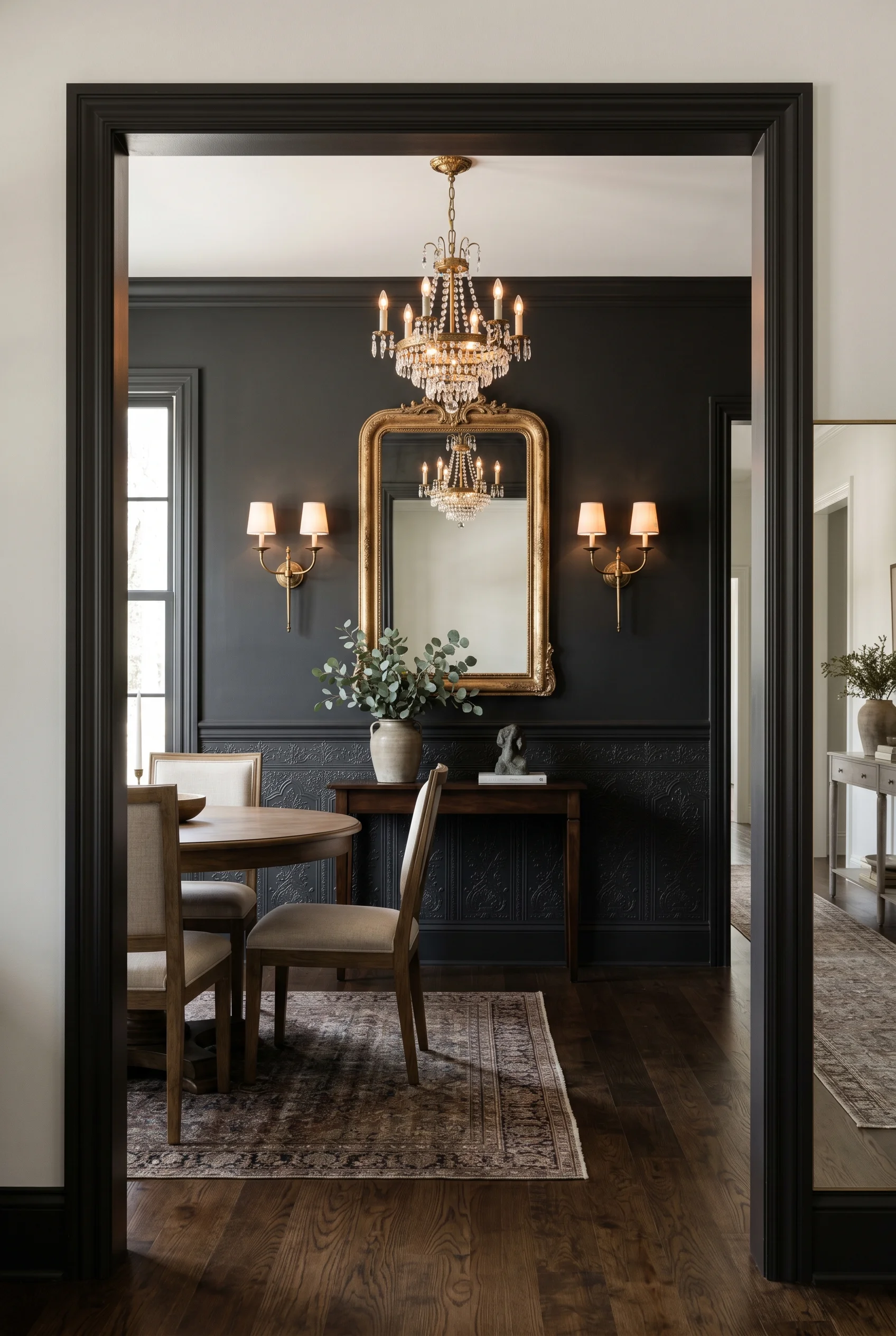 Victorian Dining Room featuring catches chandelier with lincrusta wallpaper against F&B No. 256 Pitch Black, colour-drenched above dado, lincrusta tex