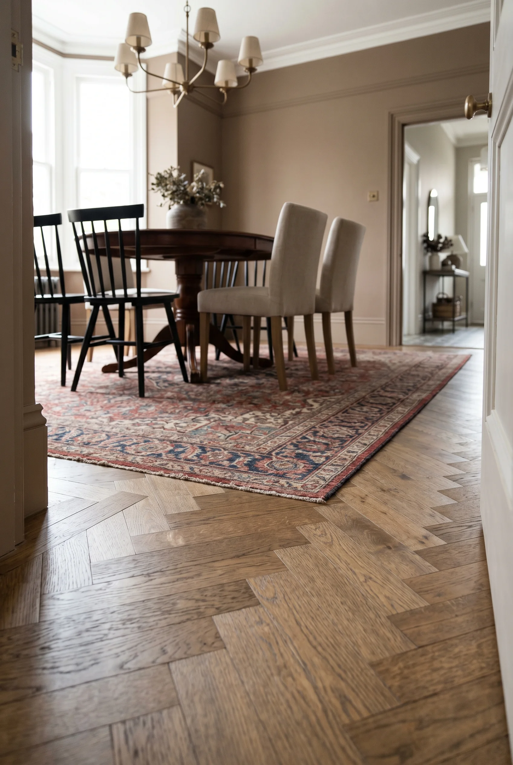Victorian Dining Room featuring legs and chair with persian rug against F&B No. 244 London Clay, colour-drenched warm brown-grey walls