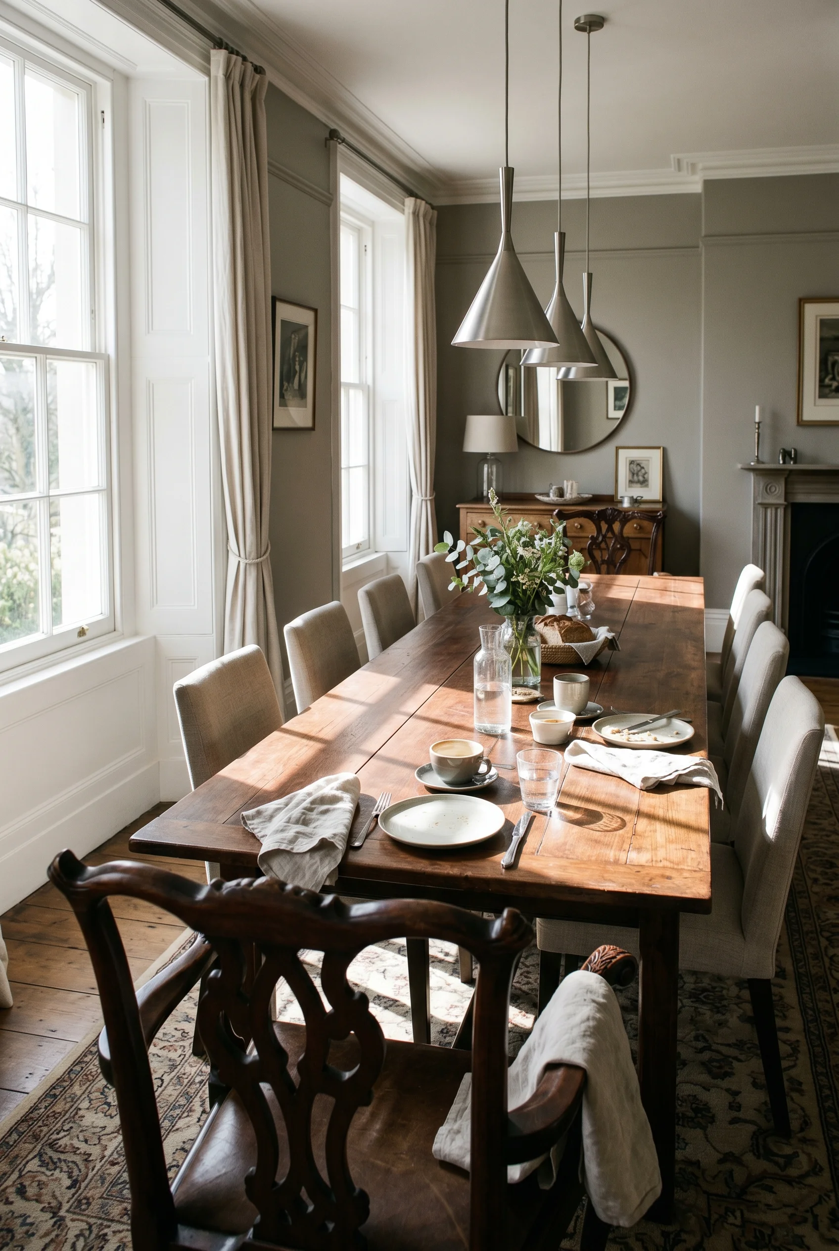 Victorian Dining Room featuring modern upholstered chair with antique table against F&B No. 88 Lamp Room Gray, uniform mid-grey walls