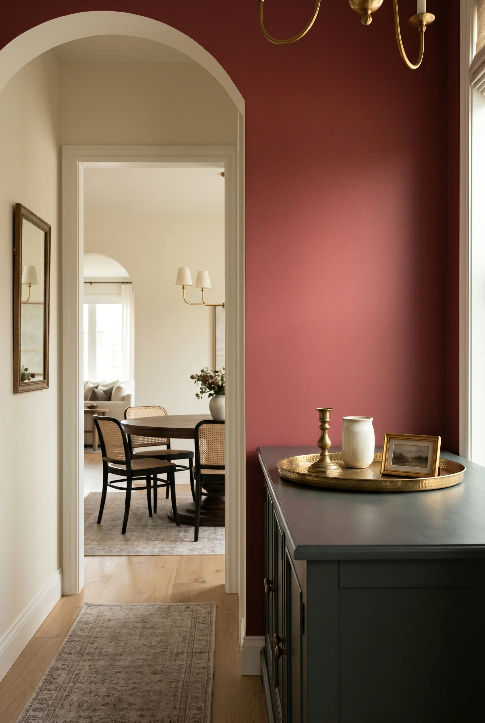 Victorian Dining Room featuring of sideboard against F&B No. 248 Incarnadine, accent wall behind sideboard — vivid red-rose, adjacent walls in off-whi