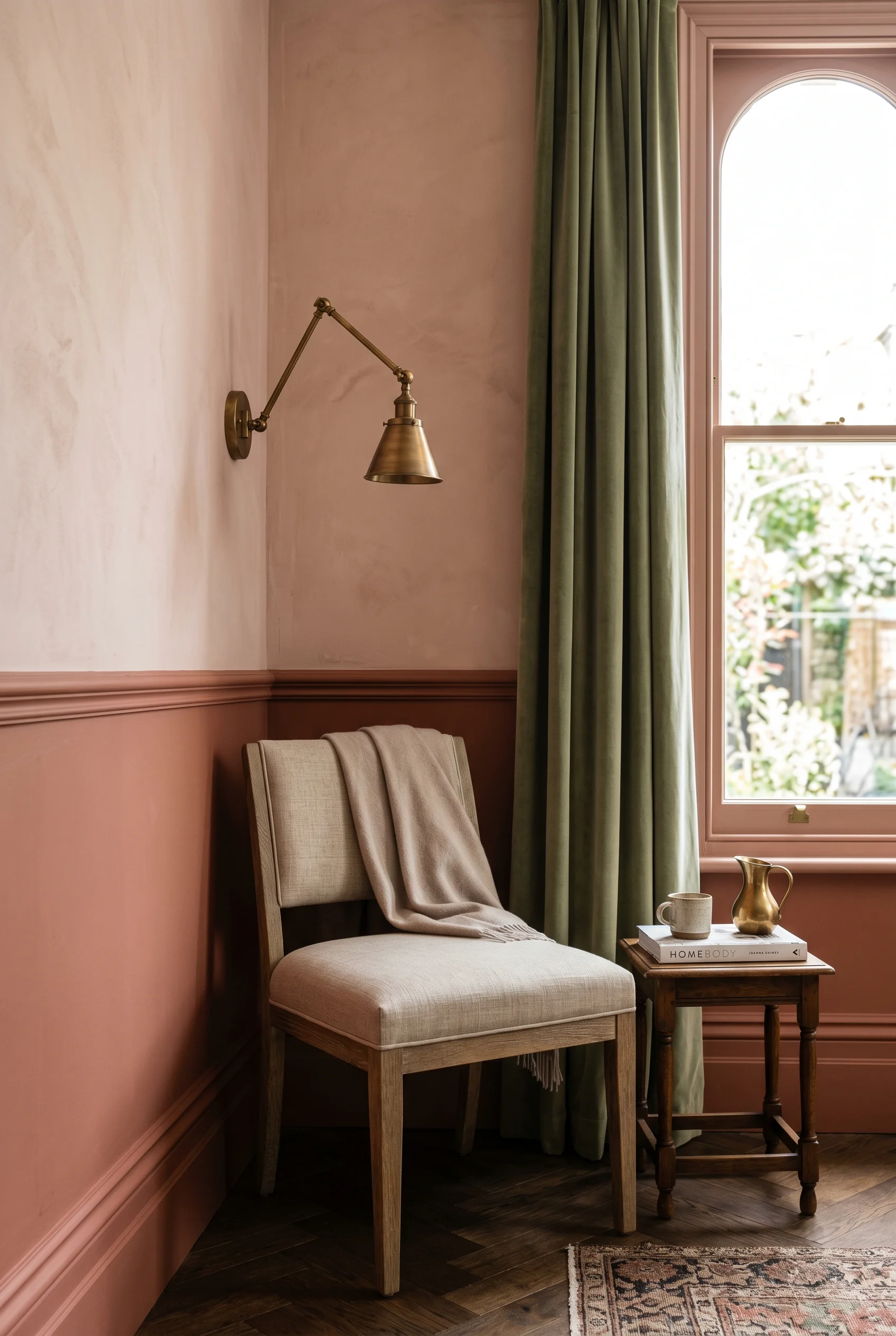 Victorian Dining Room featuring single dining chair against F&B No. 28 Dead Salmon above dado, deeper tone below — two-tone panelled dado treatment wa