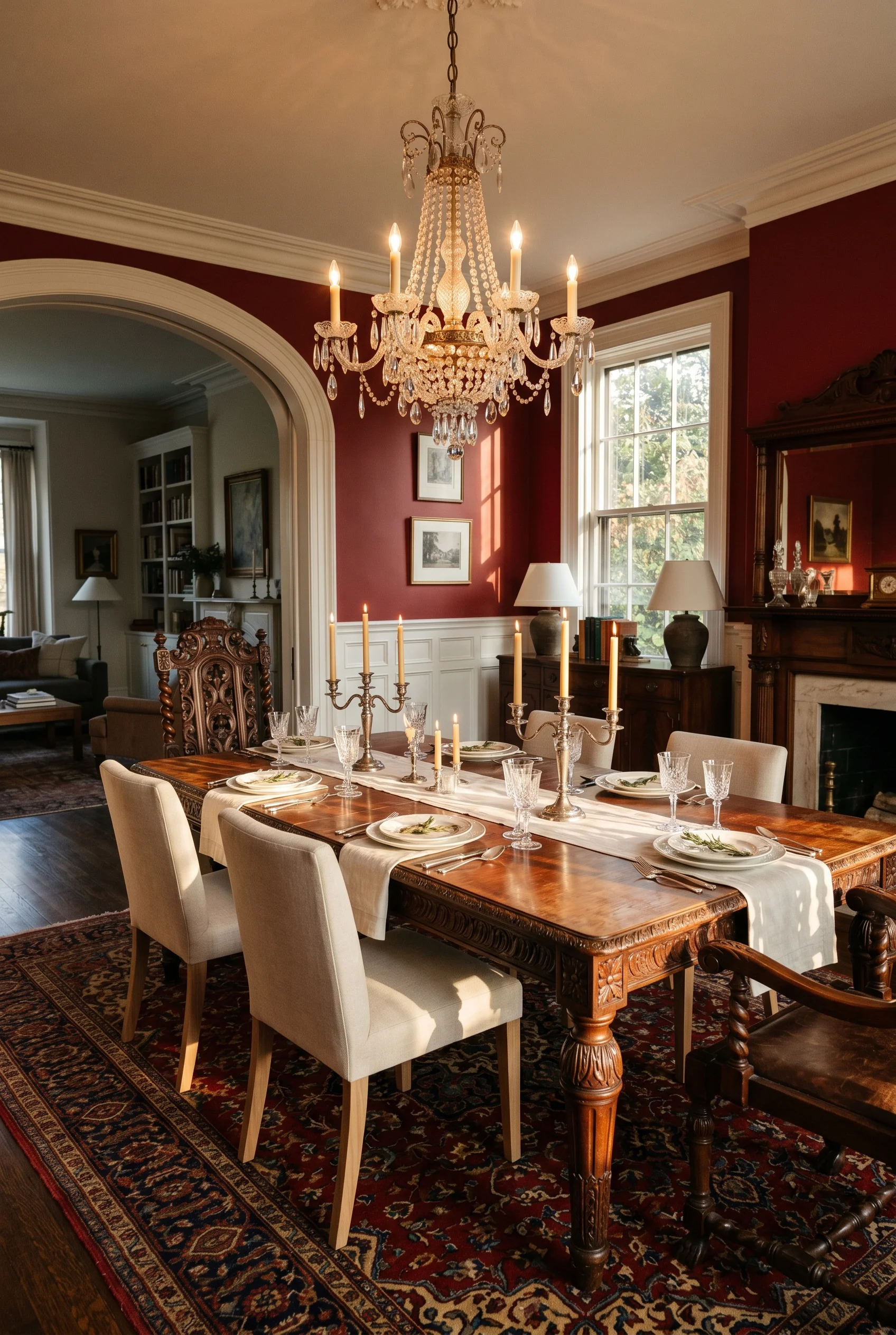 Victorian Dining Room featuring three complementary chair with antique mahogany against F&B No. 43 Eating Room Red, colour-drenched deep red walls