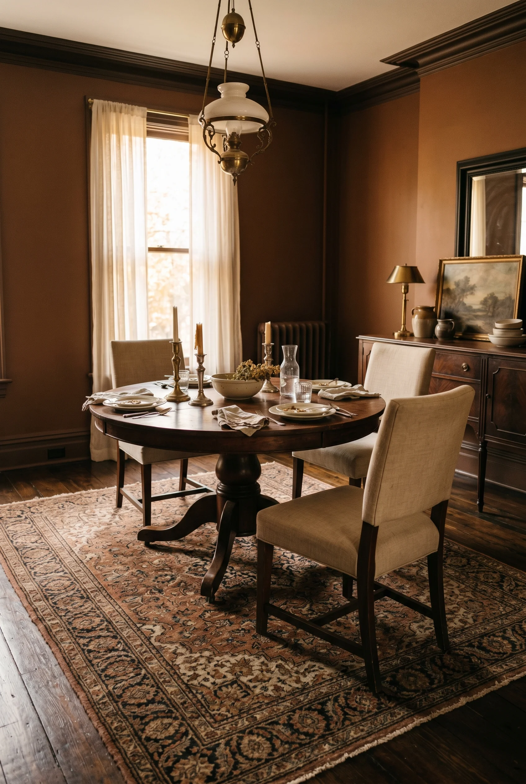 Victorian Dining Room featuring under chandelier with persian rug against F&B No. 36 Mahogany, colour-drenched warm brown walls
