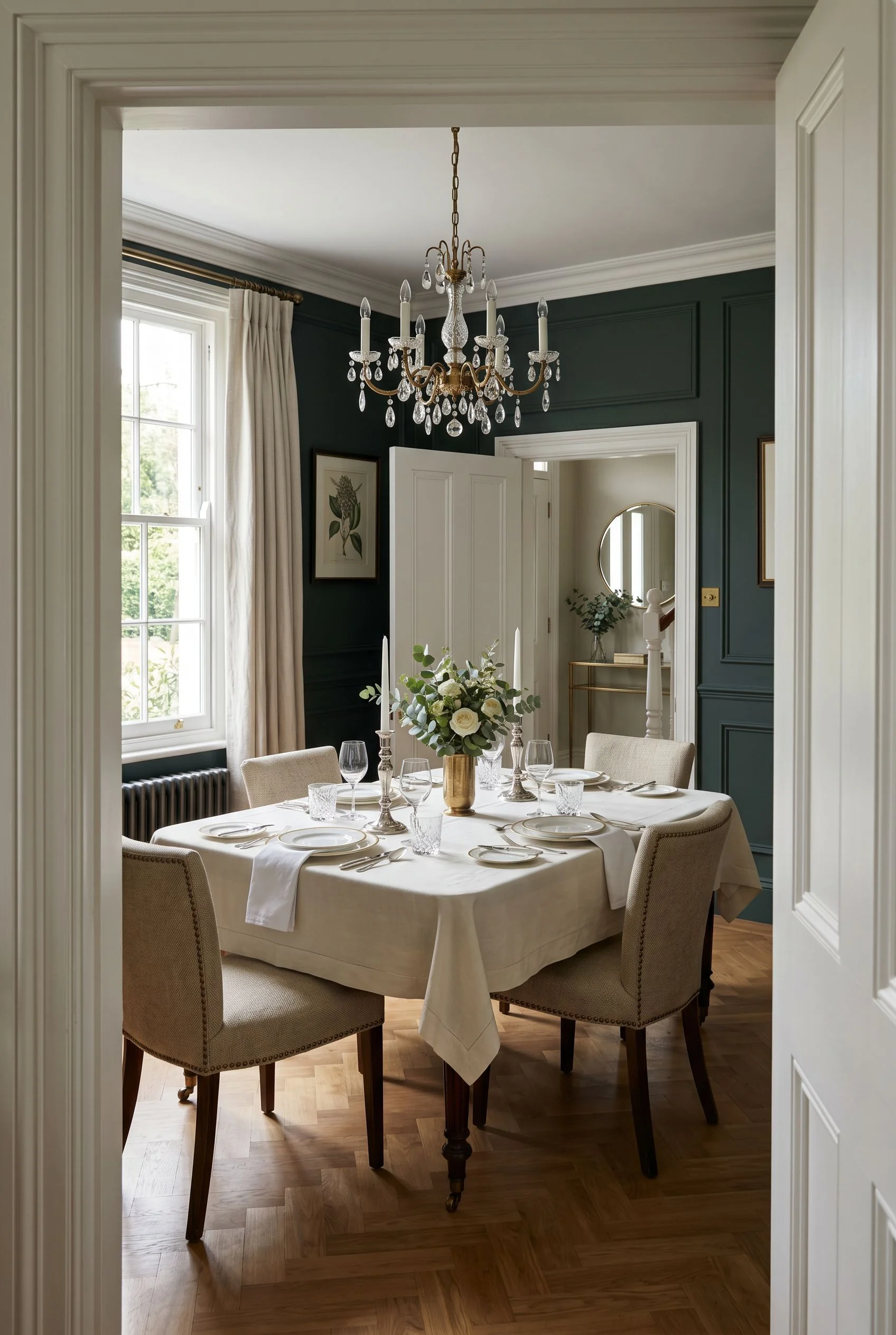 Victorian Dining Room featuring upholstered dining chair with antique mahogany against F&B No. 93 Studio Green, colour-drenched all four walls ceiling