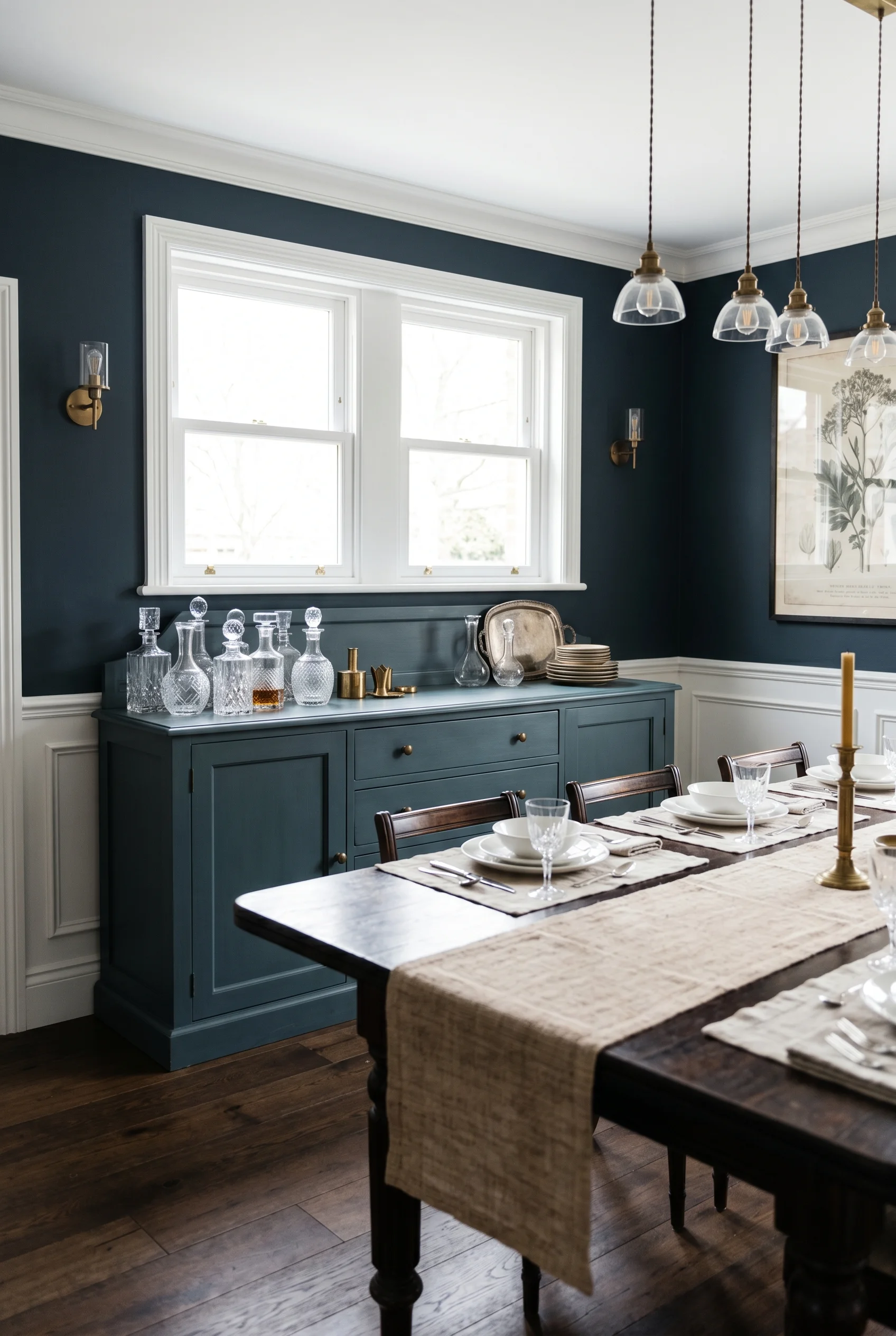Victorian Dining Room featuring upholstered side chair with antique rectangular against F&B No. 30 Hague Blue, colour-drenched ceiling-to-skirting wal