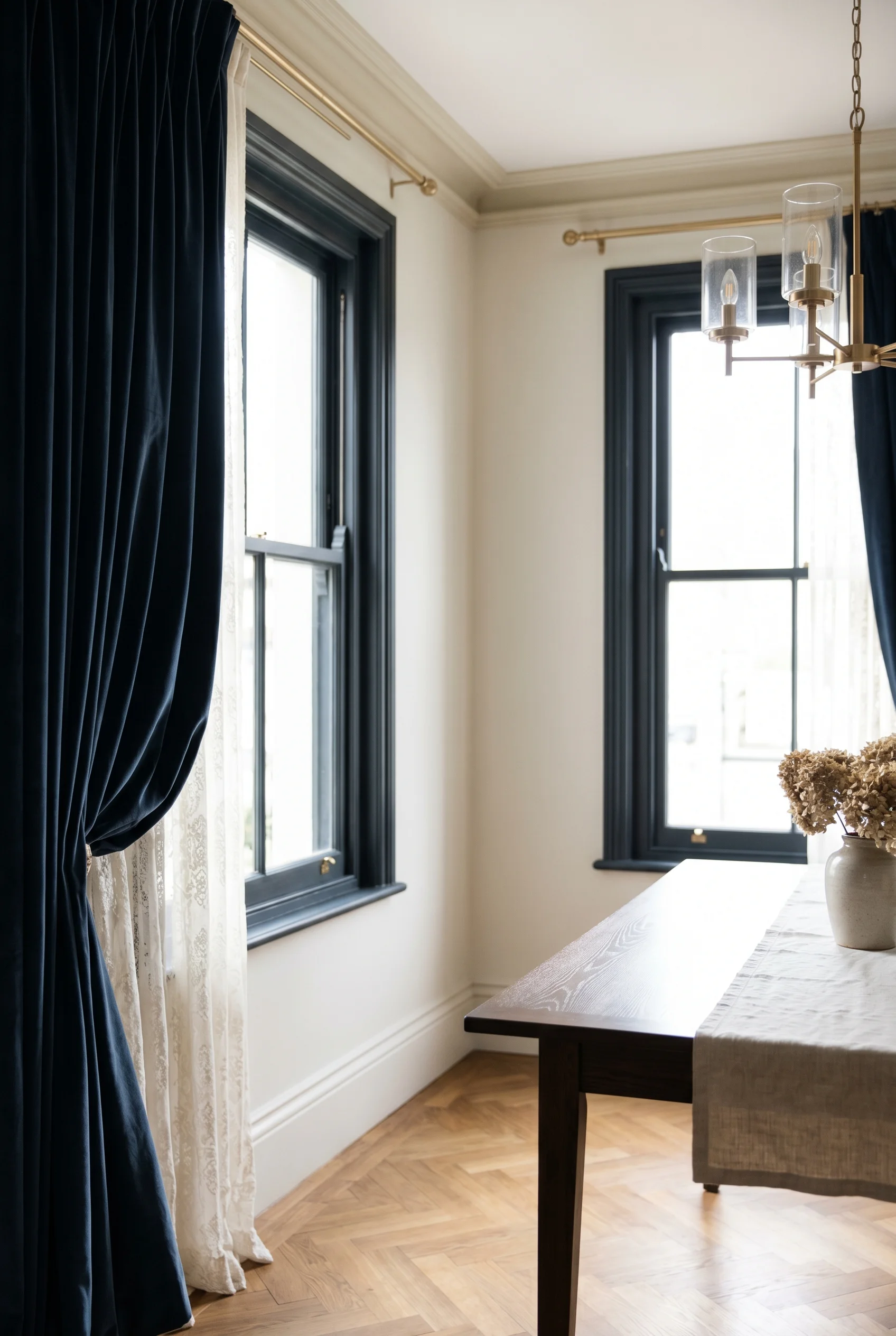 Victorian Dining Room featuring velvet curtains against F&B No. 273 Wevet, uniform very pale off-white — the lightness contrasts with the dark velvet 
